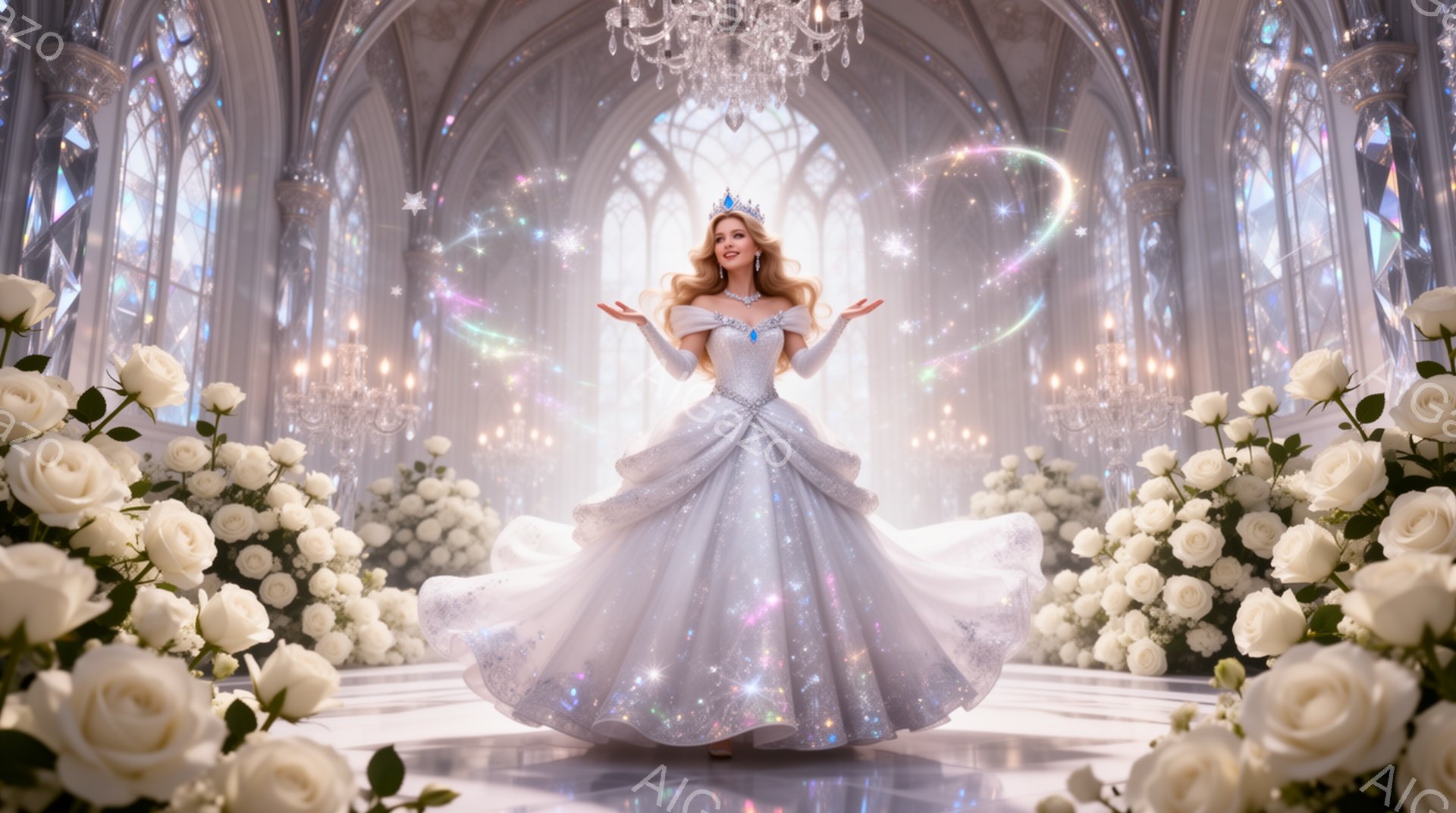 白い豪華なガウンを着た女性が、両手を広げて微笑んでいます。彼女は金髪のゆるいウェーブヘアで、頭にはティアラを付けています。背景には高いアーチ型の窓とシャンデリアが見え、周囲には白いバラの花が咲き乱れ、 - AI生成フリー素材