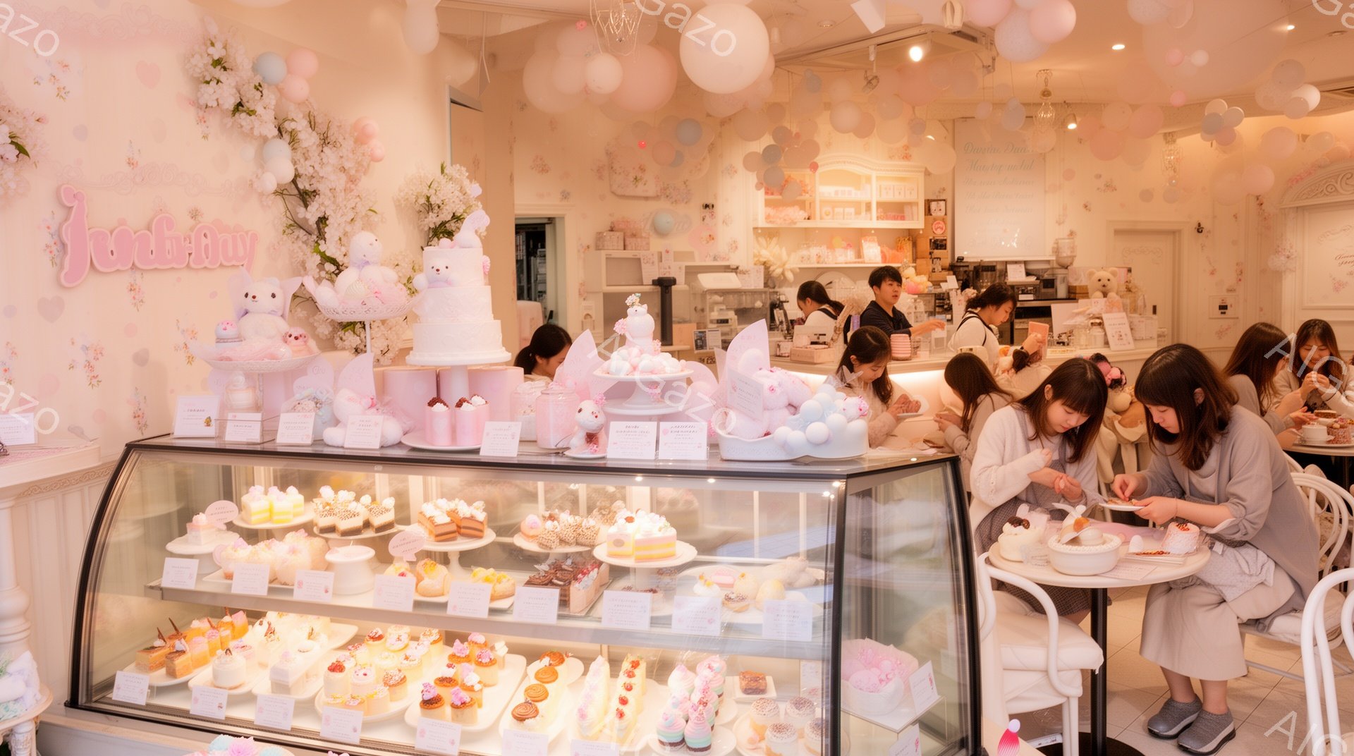 パステルカラーを基調とした店内には、可愛らしいケーキや焼き菓子が並んだショーケースと、ピンク色の椅子に座って食事を楽しむ人々がいます。女性たちはグレーのセーターを着ており、髪は肩まで伸びており、ケーキ - AI生成フリー素材