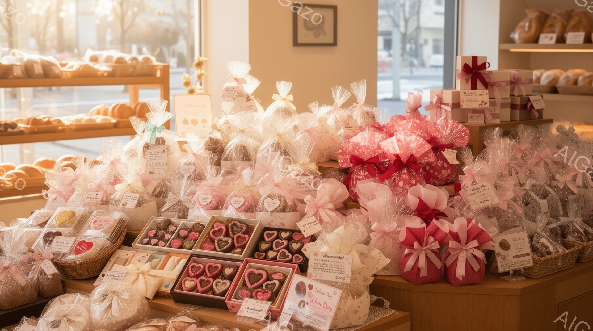 店内には、バレンタインデーのチョコレートが美しくディスプレイされています。ピンクや赤色のラッピングで飾られたチョコレートは、様々な形とサイズで、贈り物に最適です。背景にはパンが並んだ棚が見え、明るい光 - AI生成フリー素材