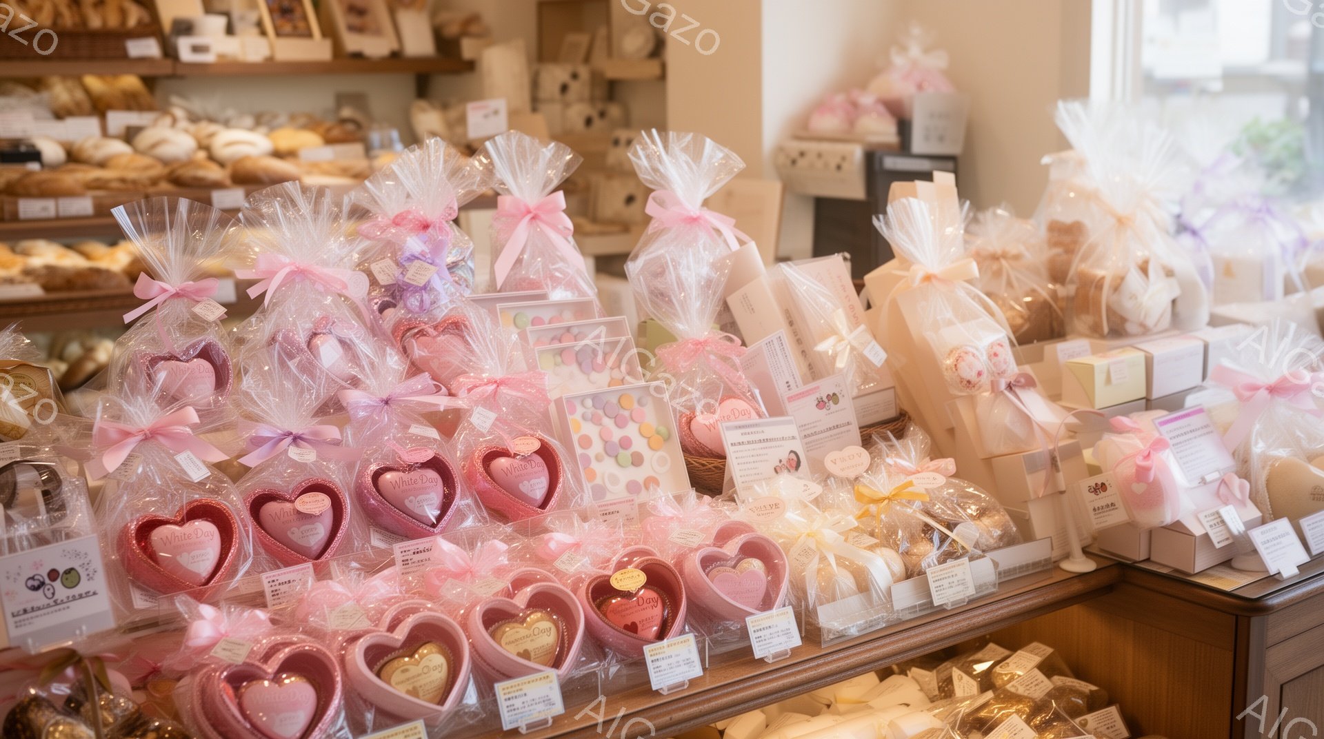 画像は、バレンタインデーまたはホワイトデーのギフトが並んだショーケースを捉えています。ピンクやベージュを基調とした可愛らしい包装が施されたチョコレートや焼き菓子が多数あり、春らしい優しい雰囲気を醸し出 - AI生成フリー素材