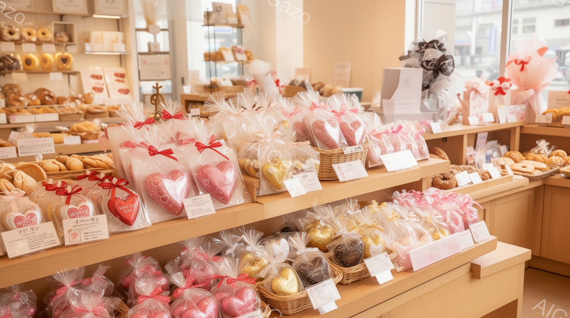 白いデーのギフトが店頭に並べられています。ピンクやゴールドのラッピングに包まれたお菓子が所狭しと並び、可愛らしいメッセージカードやリボンが添えられています。背景には焼き菓子が積み重ねられており、明るく華やかなお菓子屋さんの雰囲気が伝わってきます。