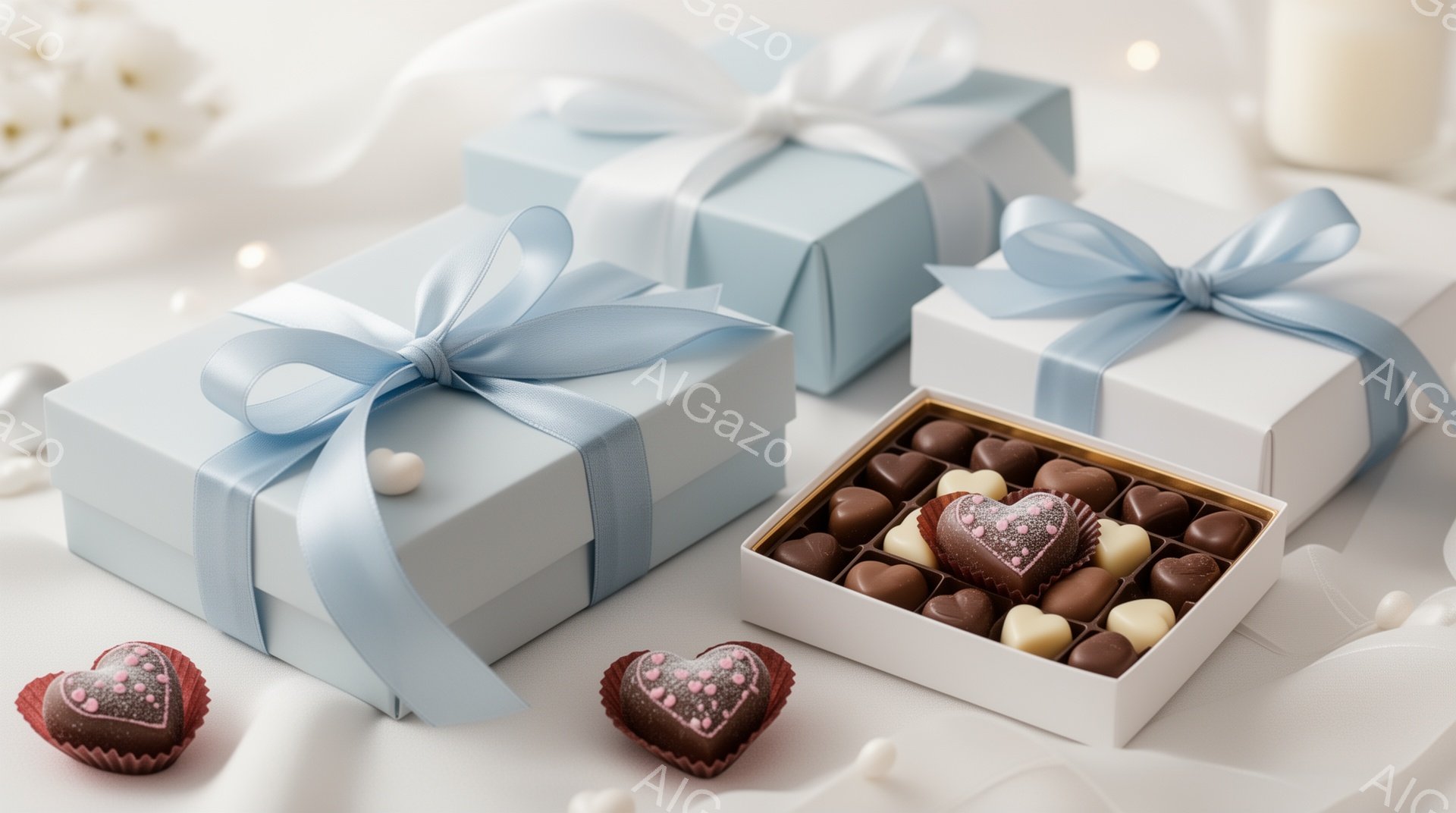 白い布の上に、パステルブルーのリボンで飾られたギフトボックスがいくつか置かれています。開いた箱の中には様々なチョコレートが並び、その周りにはハート型のチョコレートが数個散りばめられています。全体的に柔 - AI生成フリー素材