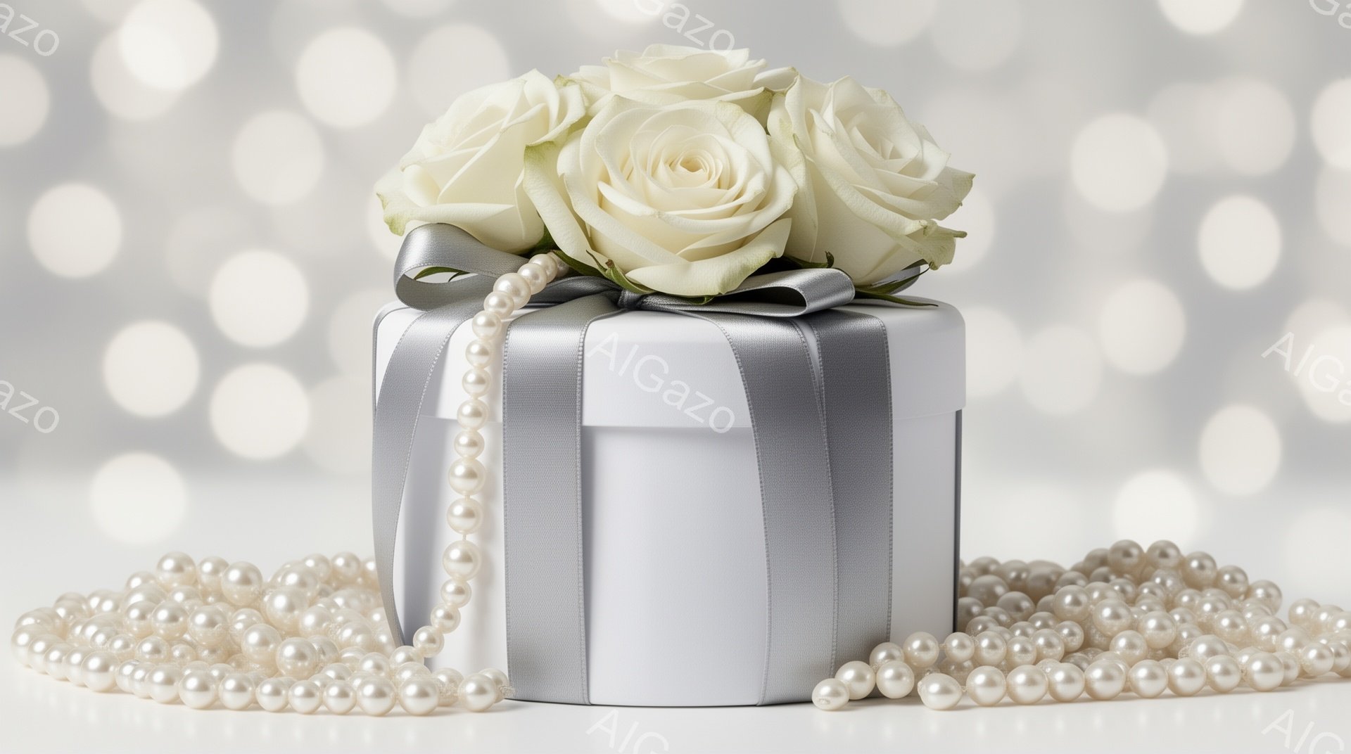 白いギフトボックスが画面中央に配置され、その上には白バラが飾られています。ギフトボックスはグレーのリボンで結ばれており、周りには白いパールが散りばめられています。背景はぼやけた光のぼかしで、上品でロマ - AI生成フリー素材