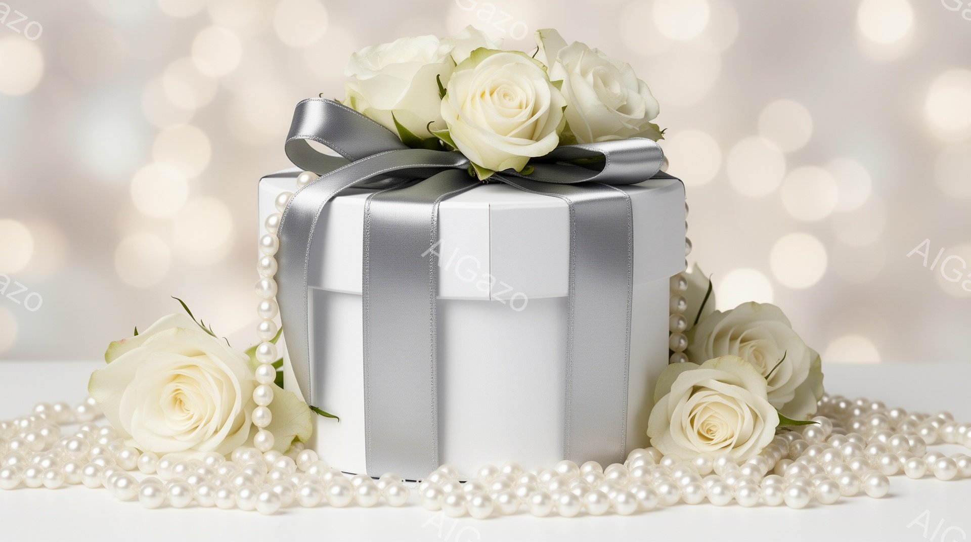 白いギフトボックスが、白いバラと真珠のネックレスで飾られています。リボンは銀色で上品な印象を与え、背景にはぼやけた光の粒が散りばめられています。全体的に優雅でロマンチックな雰囲気の静物画です。