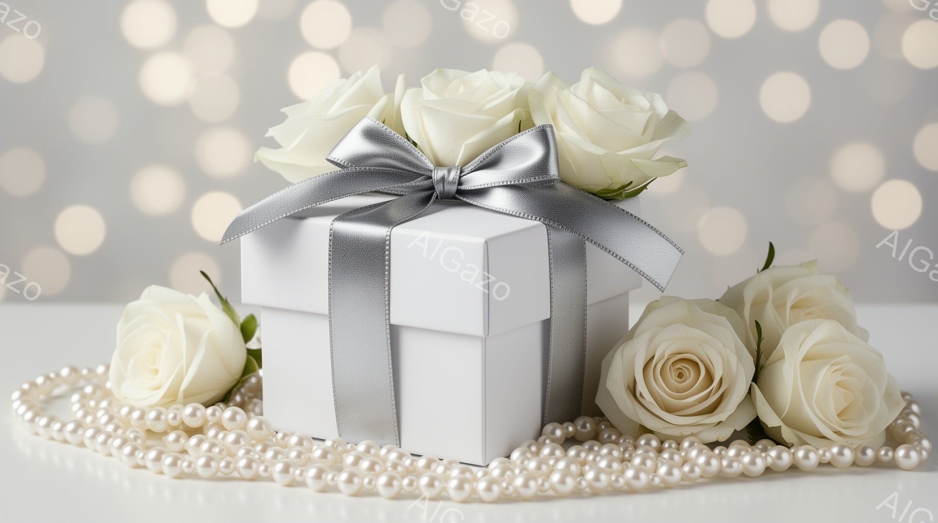 白いギフトボックスが、明るい白バラと真珠のネックレスに囲まれて配置されています。ギフトボックスは銀色のリボンで美しく飾られ、背景にはぼやけた光の粒が散りばめられています。全体的に上品でロマンチックな雰囲気で、特別な贈り物やイベントを連想させます。