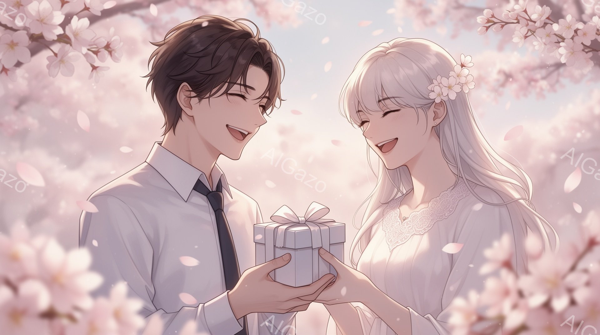 桜の花びらが舞う中、一人の男性が女性に箱のプレゼントを贈っています。男性は黒い髪で、スーツにネクタイ姿で微笑んでいます。女性は長い白い髪に花飾りをつけ、レースの入った白いドレスを着て、幸せそうに笑って - AI生成フリー素材