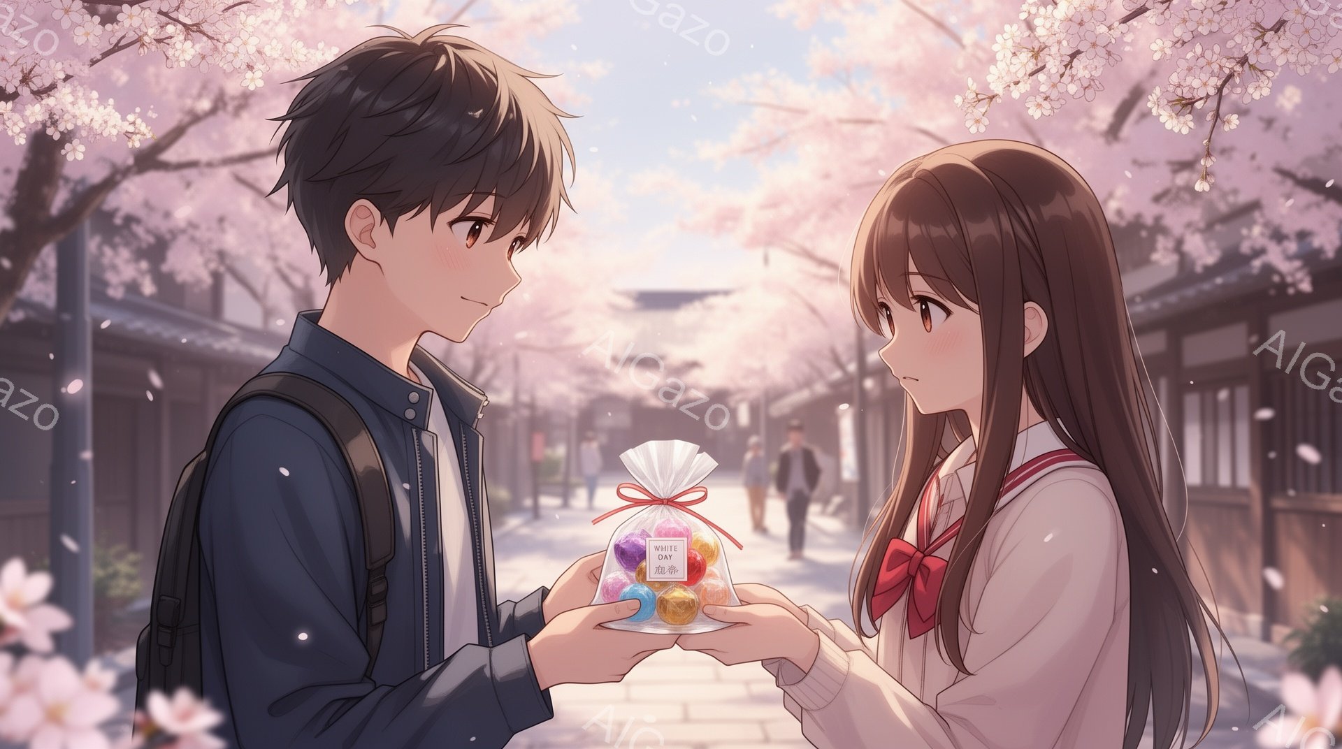 少年は紺色のジャケットを着て、黒髪を短く切っています。彼は微笑みながら、ピンクのリボンで結ばれた小さな包みを少女に差し出しています。背景には、桜の花びらが舞う道と伝統的な日本の建物が見え、春の穏やかな雰囲気が漂っています。