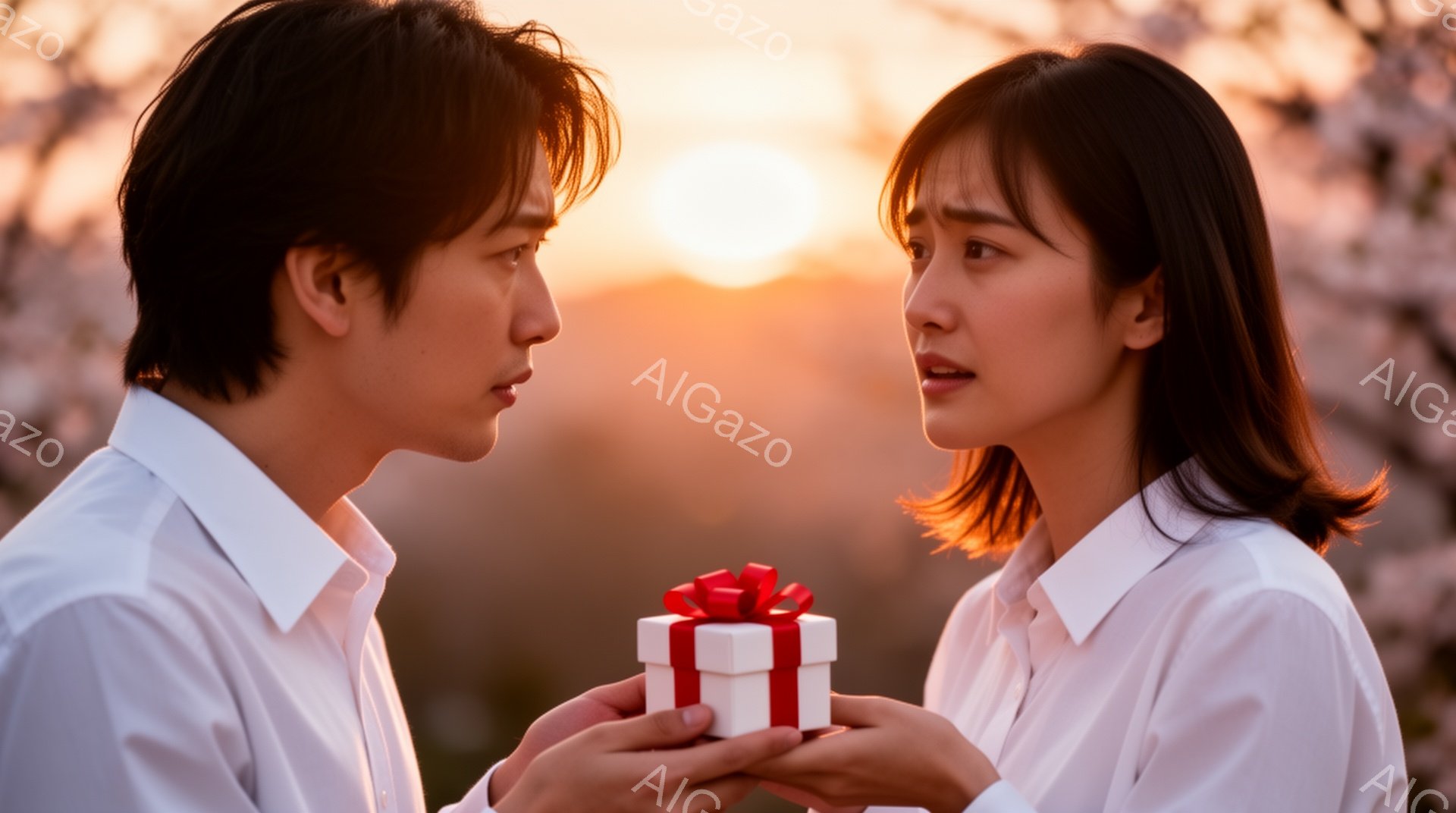 若い男性が若い女性に小さな赤いリボンで飾られた白いギフトボックスを手渡そうとしています。二人は白いシャツを着ており、女性は驚いたような表情をしています。背景には桜並木があり、夕焼け空が暖かく、ロマンチックな雰囲気を醸し出しています。