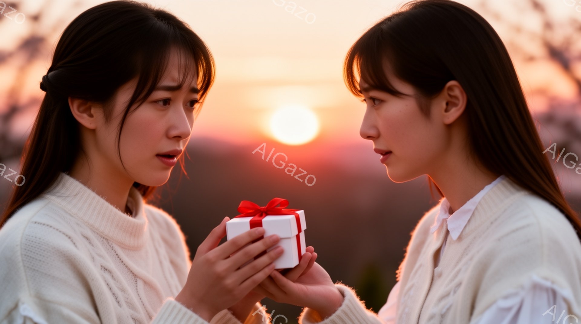 2人の女性が夕焼けを背景にプレゼントを交換しようとしています。彼女たちは白いセーターを着ており、長い黒髪を背中に垂らしています。顔は真剣で優しい表情で、プレゼントは白い箱に赤いリボンが結ばれており、空には燃えるような夕焼けが広がっています。