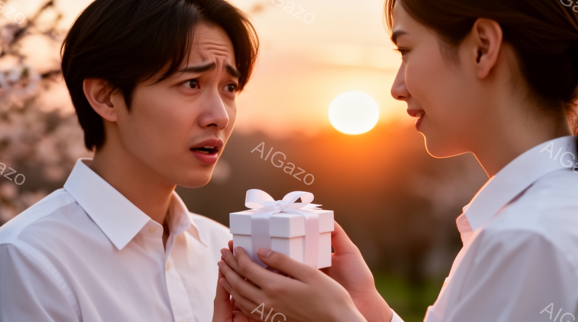 白いシャツを着た若い男性と女性が対峙している。女性は男性に白いリボンで結ばれた小さな白いギフトボックスを差し出しているのに対し、男性は驚いた表情で目を見開いている。背景には夕焼けが広がり、ぼやけた桜の木々が見える、ロマンチックな雰囲気のシーンである。