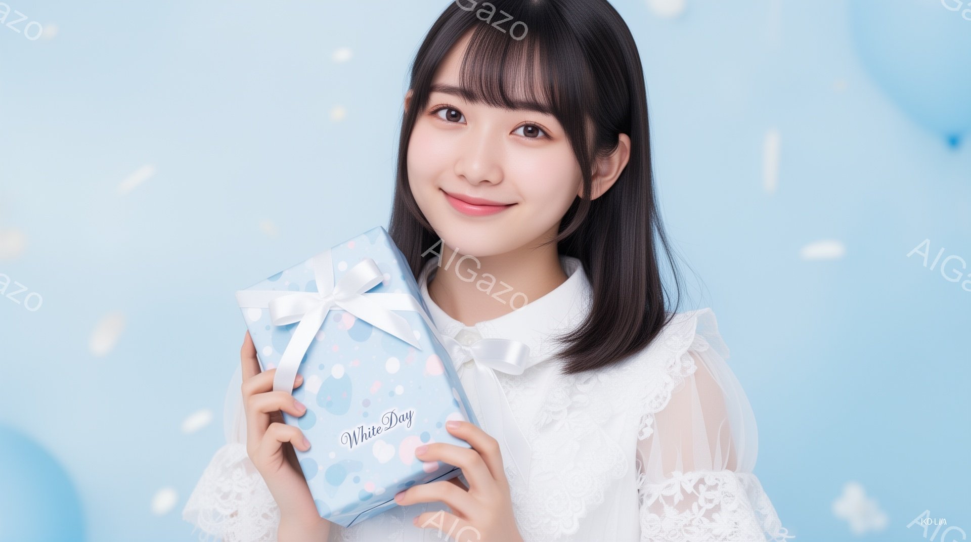 長い黒髪で前髪は眉毛にかかる程度に切り揃えられた若い女性が、水色の包装紙で包まれた小さな箱を両手で抱えています。白いレース襟のブラウスを着ており、明るい笑顔を浮かべています。背景は淡い水色のグラデーシ - AI生成フリー素材