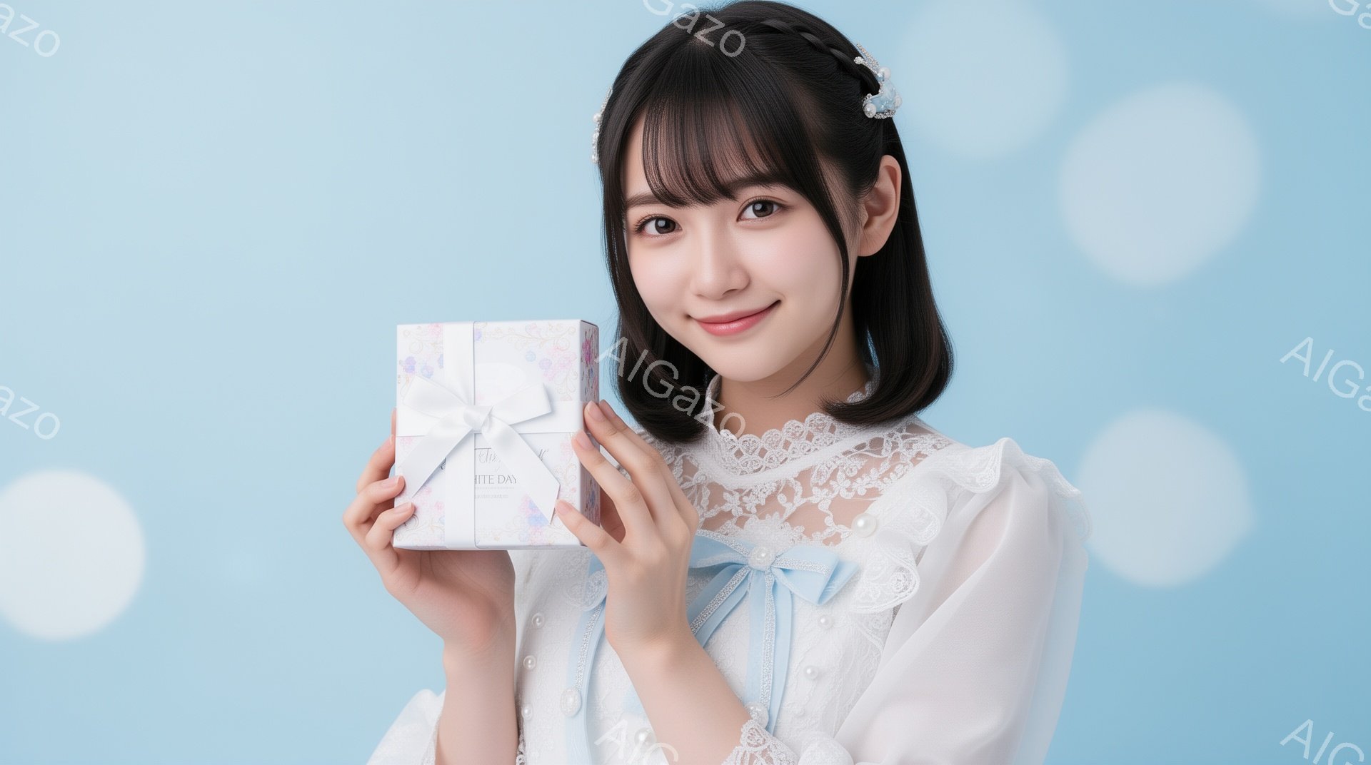 長い黒髪をサイドにまとめ、白いリボンで飾り、笑顔を浮かべた若い女性が描かれています。レースの襟が付いた淡い水色のブラウスを着て、両手に小さなギフトボックスを持っています。背景は淡い水色のグラデーション - AI生成フリー素材