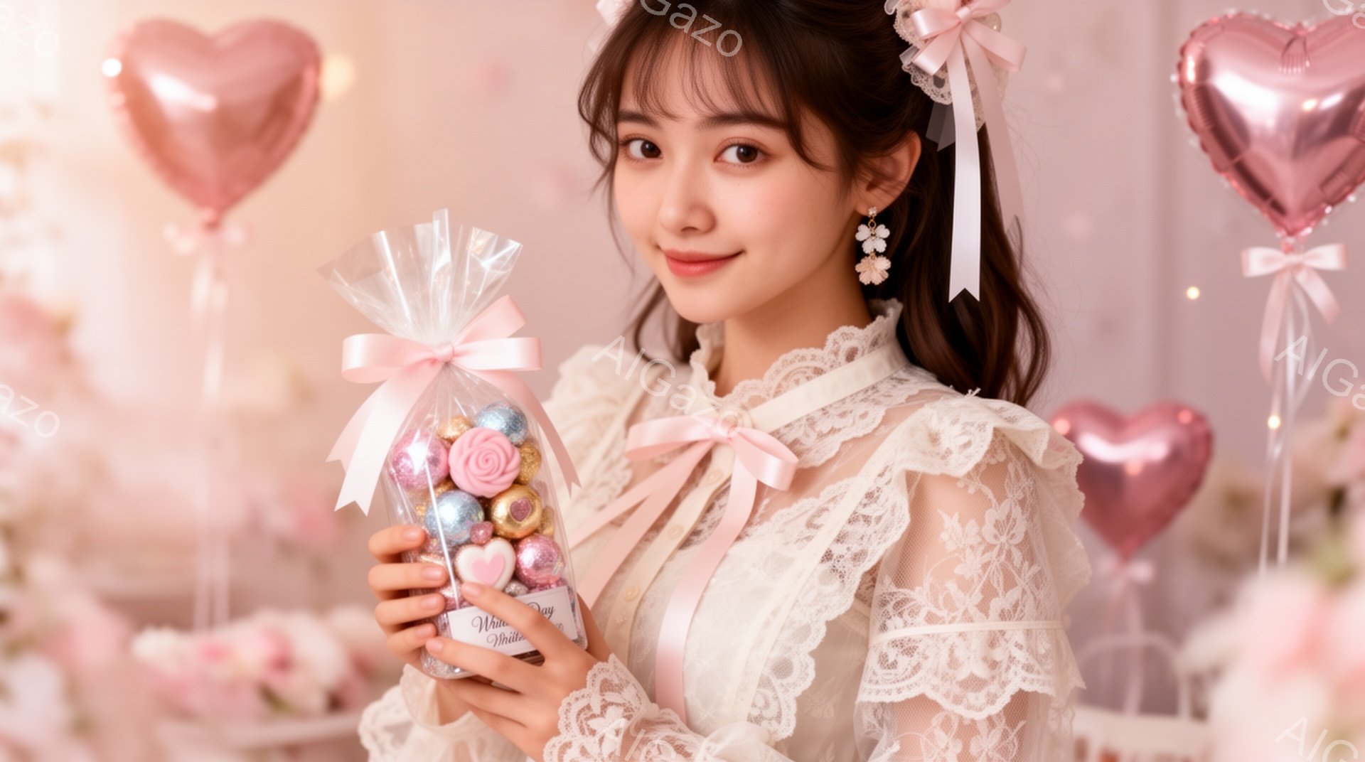 明るい笑顔を見せる若い女性が、バラの形をしたキャンディが入った透明な袋を手に持っています。彼女はレースの襟が特徴の白いブラウスを着ており、髪は軽くウェーブがかかり、リボンとイヤリングで飾られています。 - AI生成フリー素材