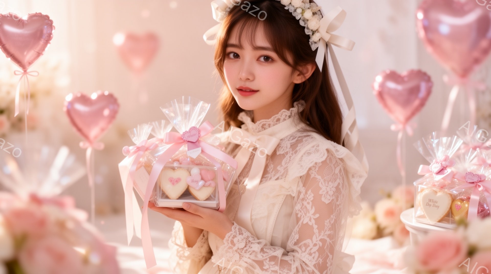 白いレースのブラウスとスカートを身に着けた女性が、ピンクのリボンで飾られたクッキーの詰め合わせを両手で差し出している。彼女は明るい笑顔を浮かべ、髪は軽くウェーブがかかり、白い花飾りをつけている。背景に - AI生成フリー素材