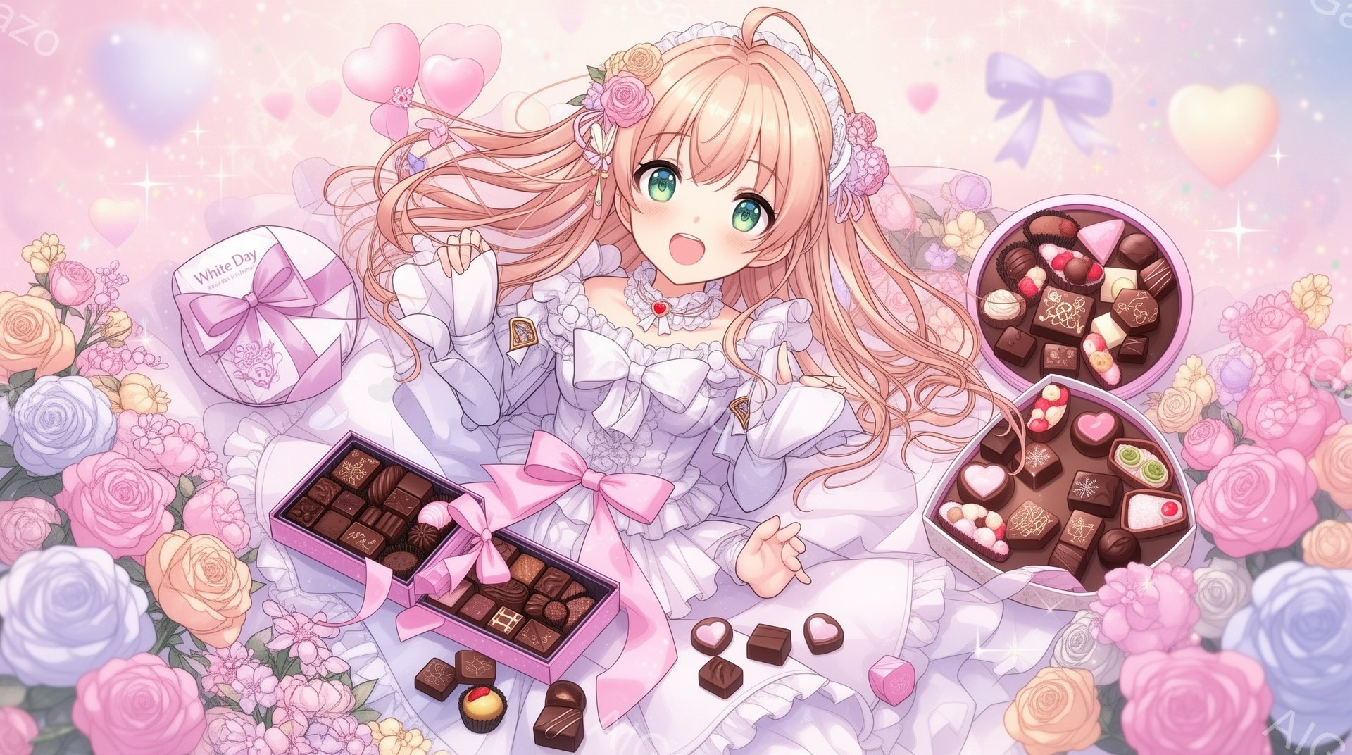 金髪碧眼の少女が、白いフリルのついたドレスを着て、バラの花に囲まれて微笑んでいます。彼女は「ホワイトデー」と書かれた箱と、チョコレートで満たされた開いた箱を抱え、優雅なポーズをとっています。背景には、パステルカラーのバラの花が咲き乱れ、ハート型のキラキラが舞い、甘くロマンチックな雰囲気を醸し出しています。