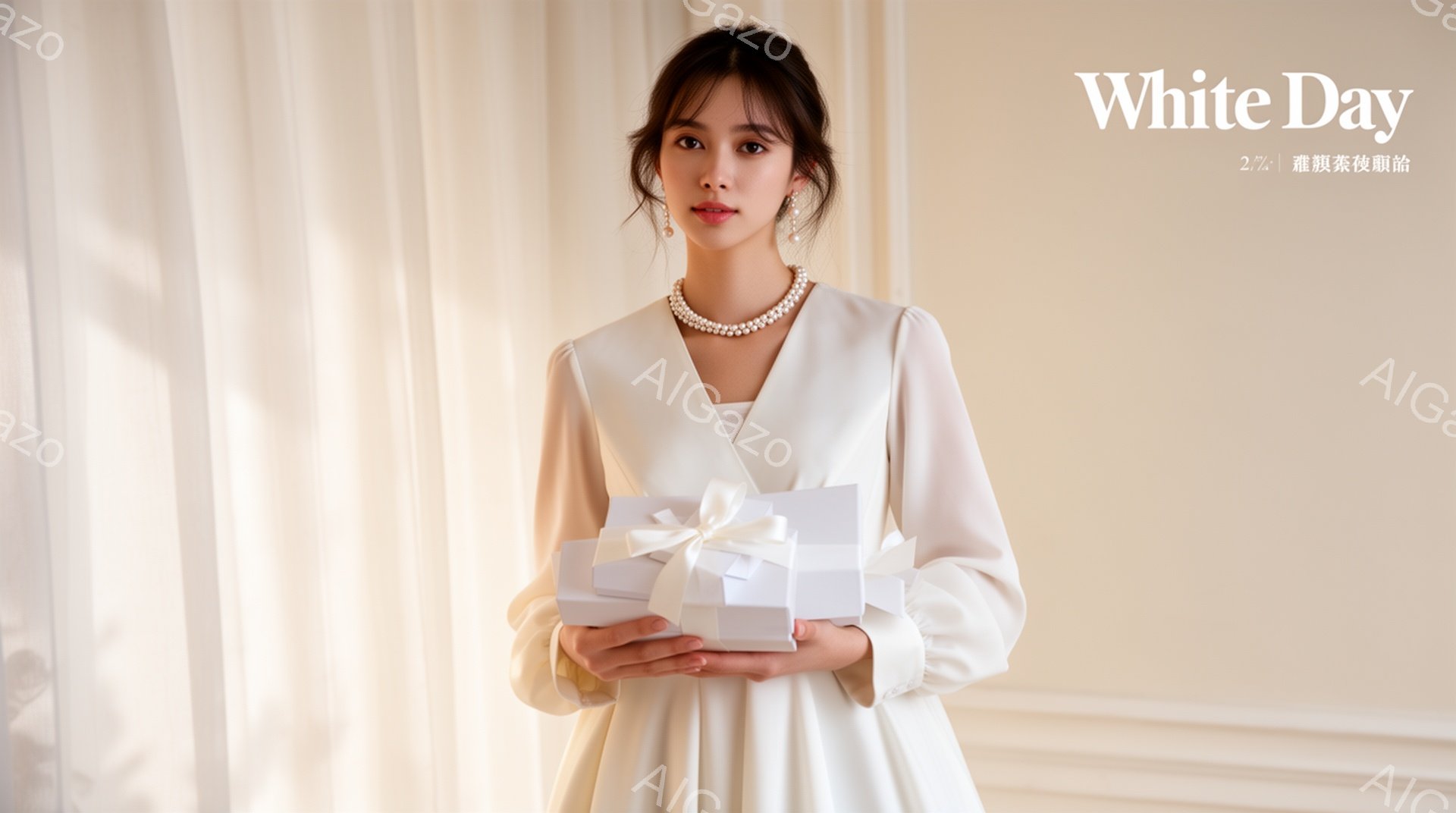 白いドレープの背景を背景に、女性が白いドレス姿で立っています。彼女は真珠のネックレスとイヤリングを身に着け、片手に白いリボンで結ばれた白い箱を抱えています。穏やかな表情と姿勢は、上品さと優雅さを醸し出しており、全体的に洗練された雰囲気です。