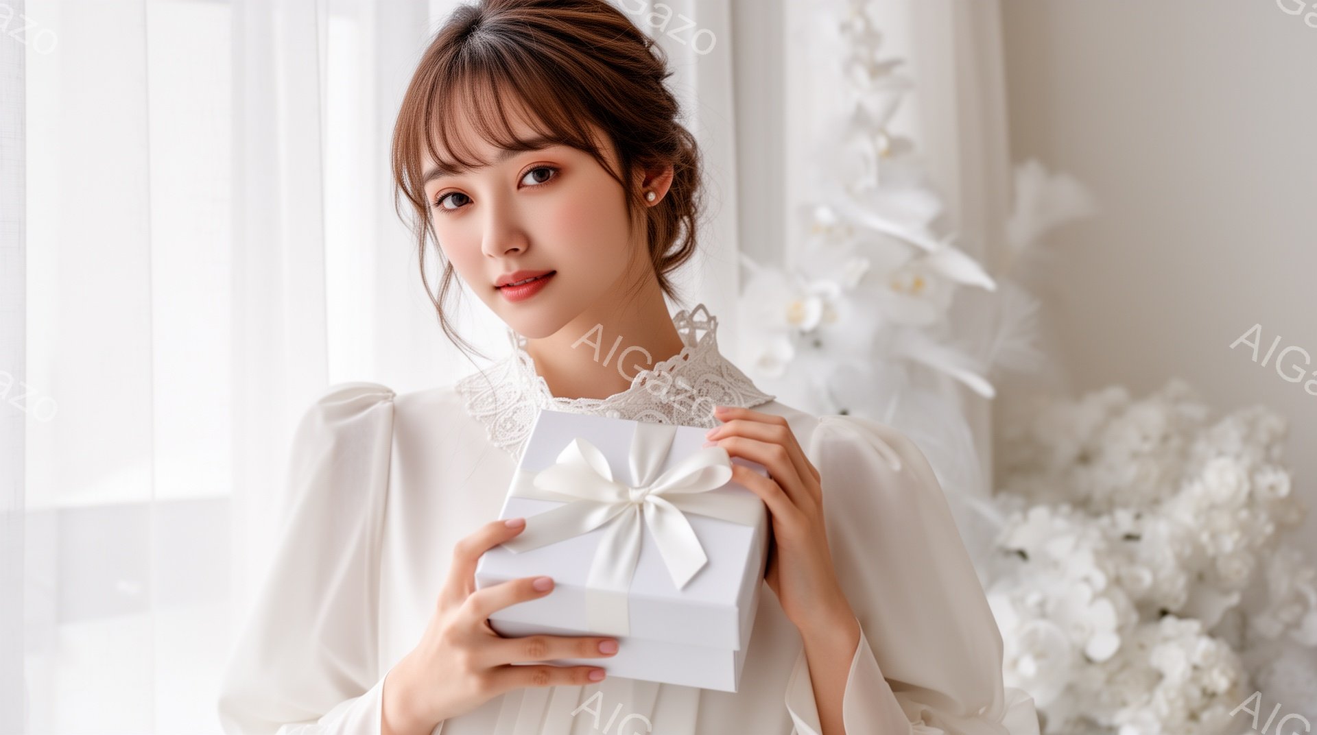 長い茶髪をハーフアップにし、白いレース襟のブラウスを着た若い女性が、白いリボンで飾られたギフトボックスを両手で抱えています。彼女は微笑んでおり、背景には白い花が飾られ、柔らかい光が差し込んでいます。全体的に、温かく、優雅な雰囲気の画像です。
