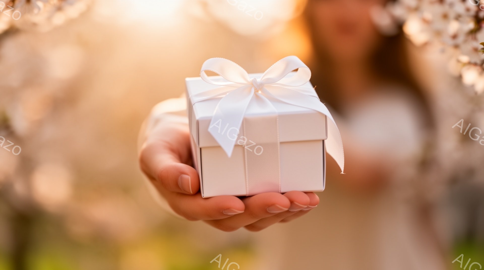 手前に、白い箱がリボンで飾られ、誰かの手のひらで提示されています。背景には、ぼやけた桜の木が春の柔らかい日差しの中で見え、暖かい雰囲気を作り出しています。全体的に、贈り物や特別な機会を連想させる、優しい光と色調の美しい画像です。