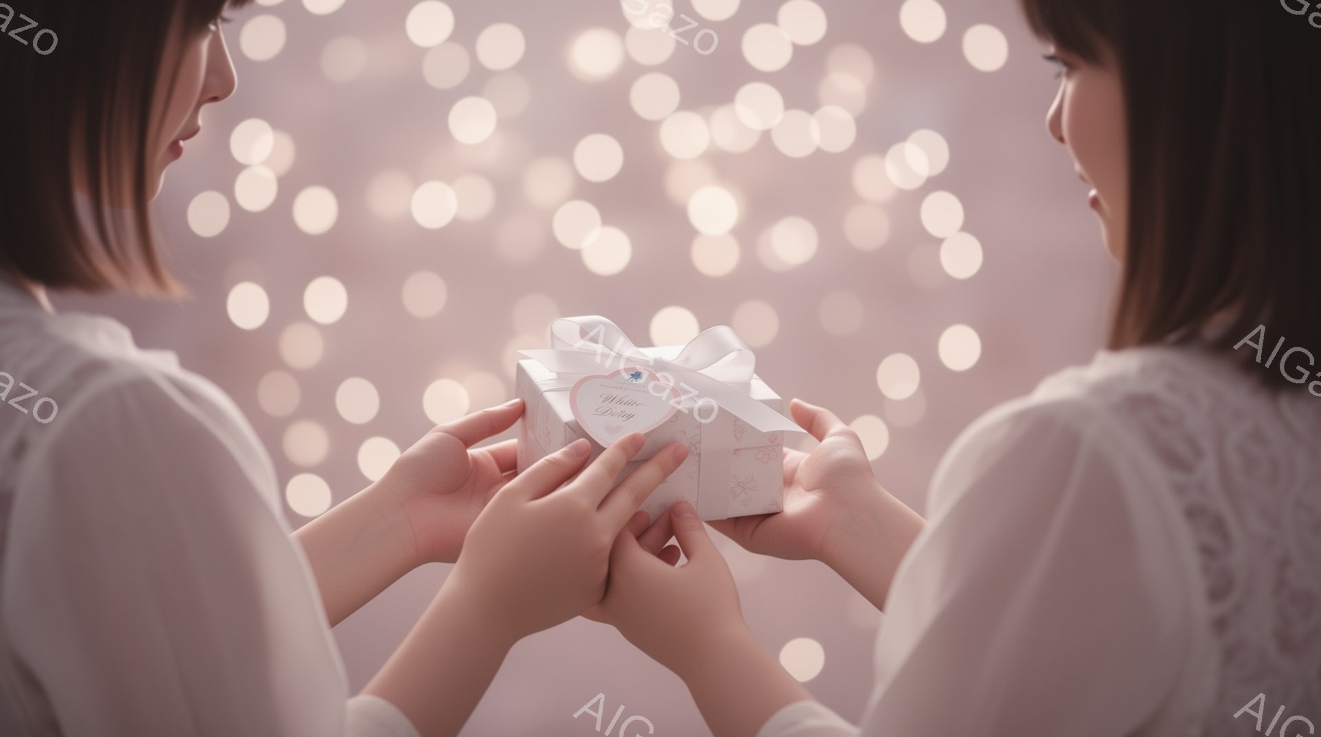 二人の女性が互いに贈り物を交換している様子が捉えられています。どちらも薄いピンク色のドレスを着用し、髪は肩まで伸びたストレートヘアです。背景はぼやけた淡い光の点々で、ロマンチックで夢のような雰囲気を醸し出しています。
