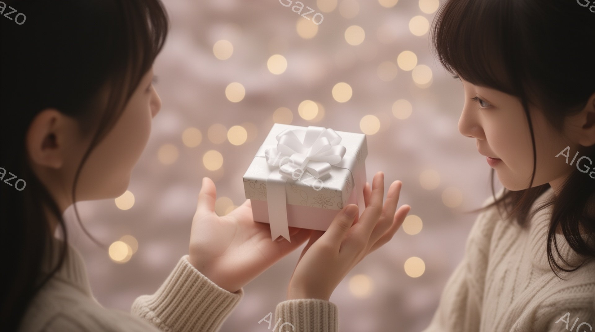 柔らかいセーターを着た二人の女性が、プレゼントを交換している様子が写っています。片方の女性はプレゼントを受け取るために手を差し伸べており、少し微笑んでいます。背景はぼかされた淡い光の粒子で満たされ、温かく、優しい雰囲気を醸し出しています。