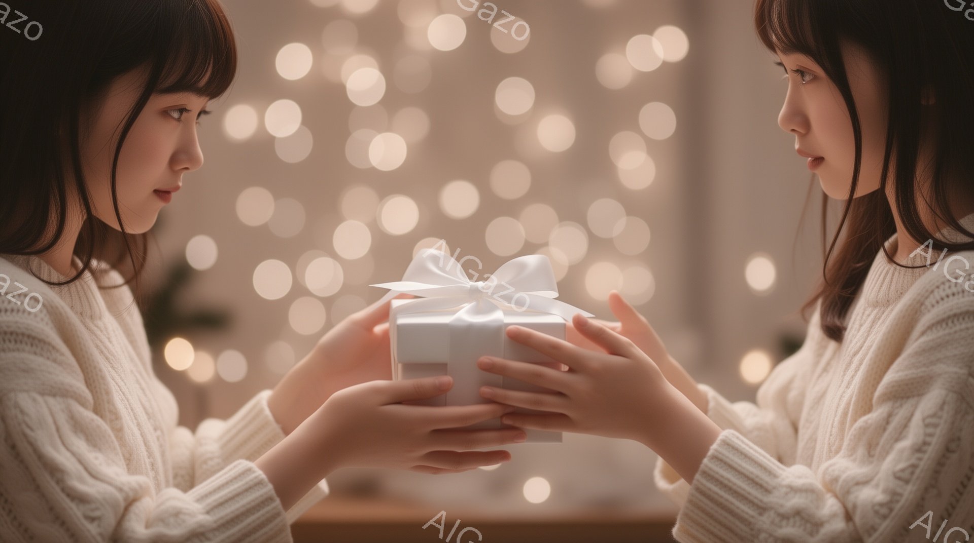 二人の女性が正面を向き合い、小さな白いギフトボックスを交換しようとしている場面です。彼女たちはクリーム色のざっくりとしたニットを着ており、黒髪のロングヘアをしています。背景はぼかされた暖色の光で満たされており、お祝いや親密な雰囲気を醸し出しています。