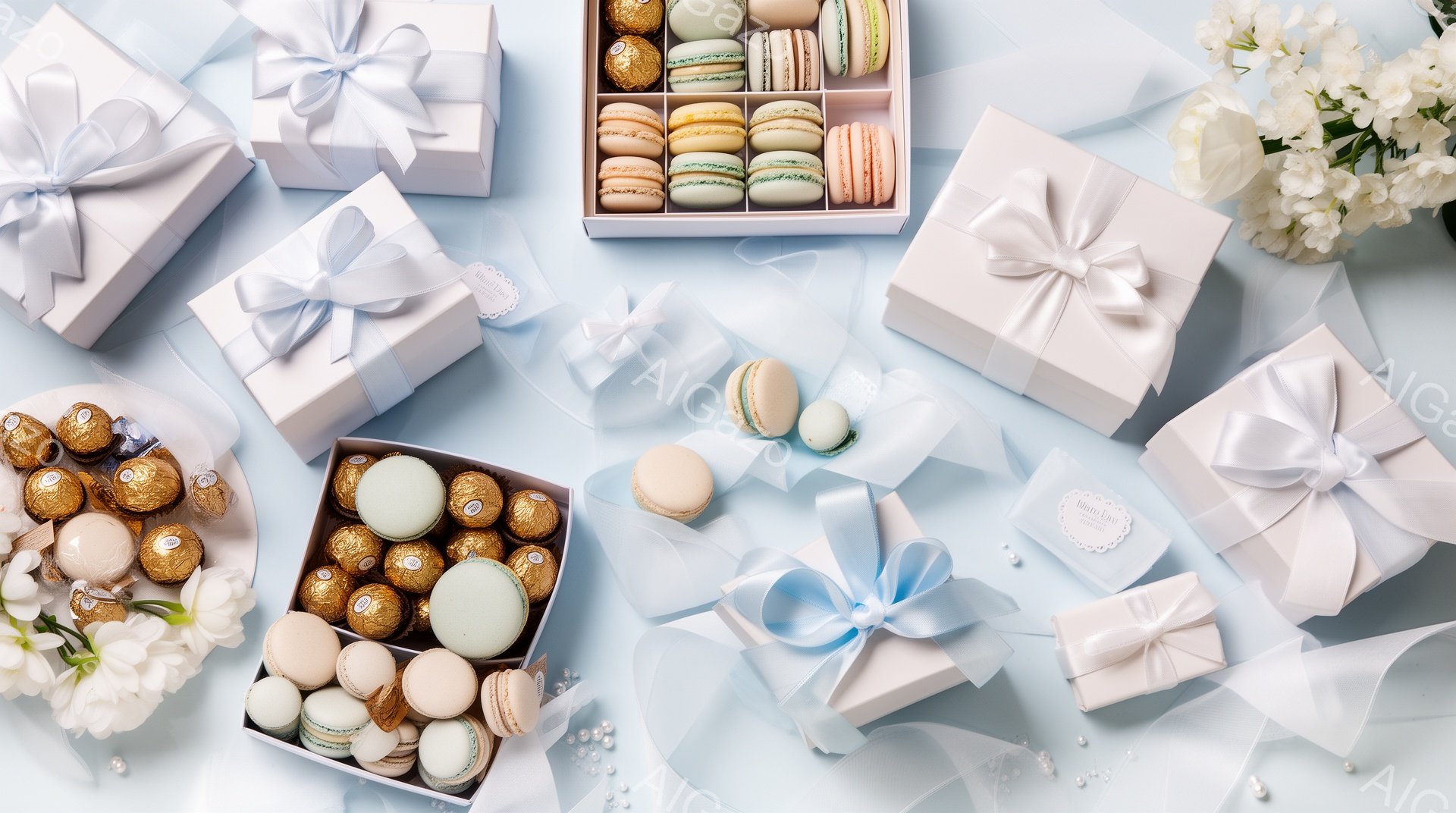淡いブルーの背景に、マカロン、チョコレート、ギフトボックスが散りばめられた、明るく可愛らしいフラットレイ写真です。マカロンはパステルカラーで、チョコレートは金色に輝き、ギフトボックスは白いリボンで上品 - AI生成フリー素材