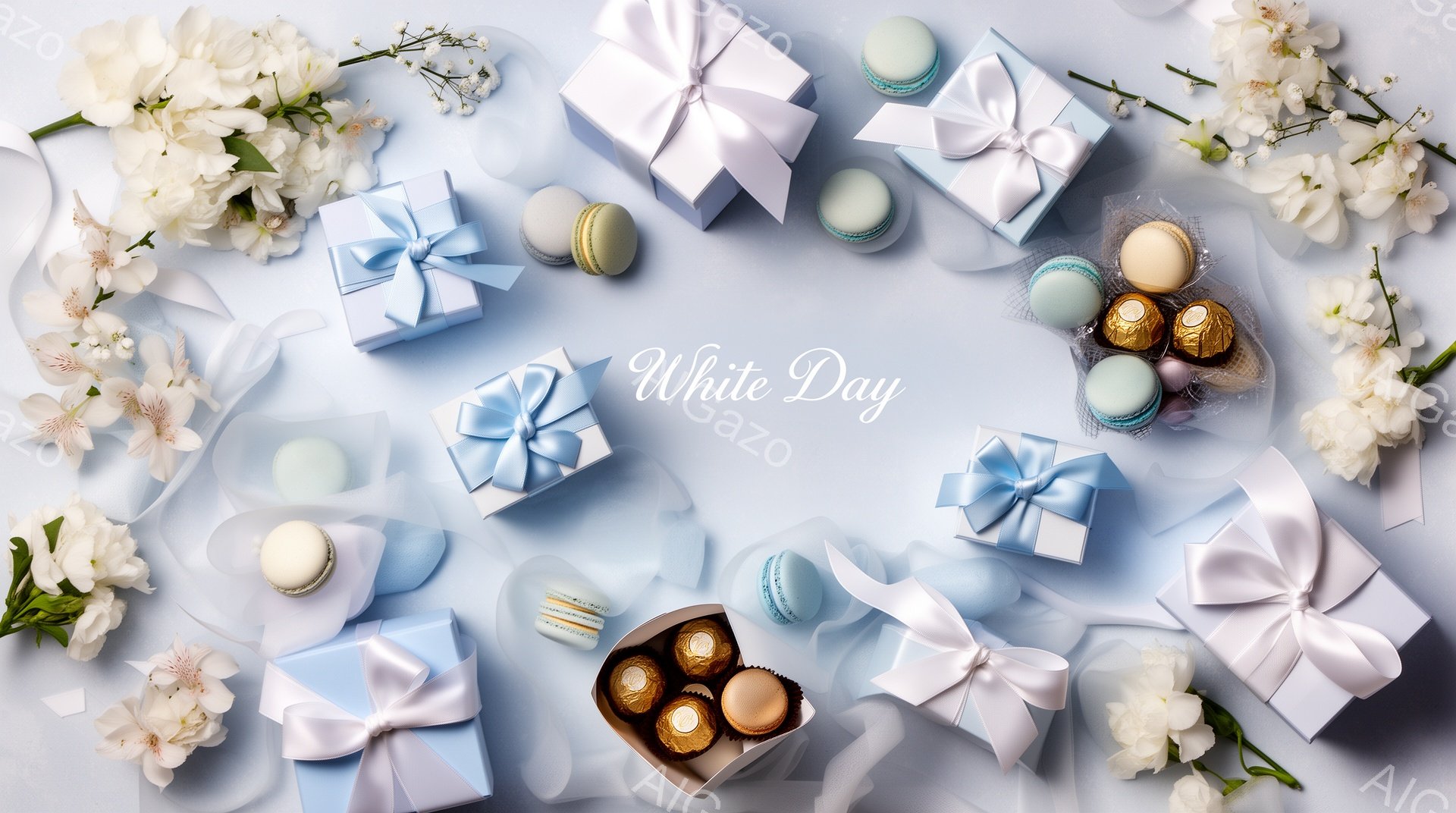 淡い水色の背景に、白い花、マカロン、チョコレート、リボンで飾られた箱が散りばめられています。箱は水色のリボンで丁寧に結ばれており、全体的に柔らかく、ロマンチックな雰囲気を醸し出しています。ホワイトデーを連想させる、上品で甘いイメージの静物画です。