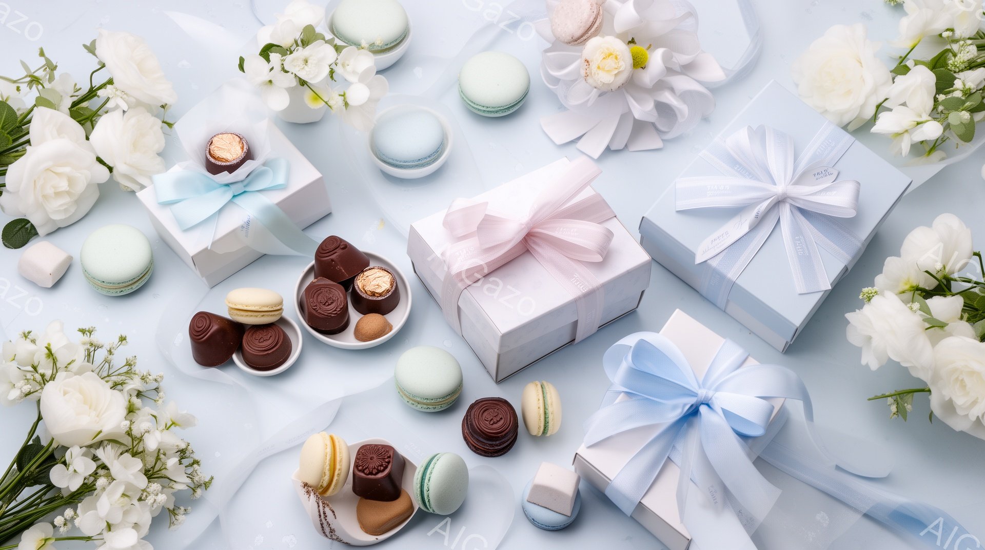 淡い水色の背景に、マカロン、チョコレート、ギフトボックス、そして白い花々が散りばめられた、上品で優しい雰囲気の写真です。ギフトボックスはそれぞれ異なる色のリボンで結ばれており、お菓子と花々が繊細な美し - AI生成フリー素材