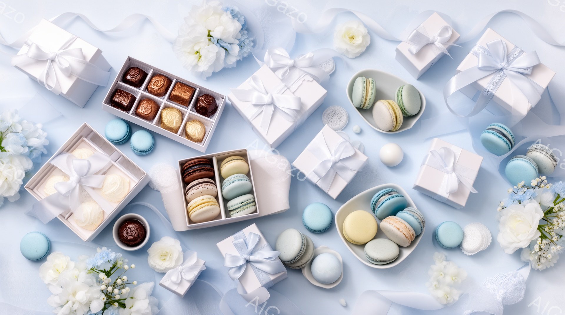淡いブルーを基調とした背景に、マカロン、チョコレート、ギフトボックスが散りばめられた静物画です。白とパステルカラーの繊細な色合いが、優雅でロマンチックな雰囲気を醸し出しています。花々の装飾が加わり、お祝いや特別な日のテーブルコーディネートに最適なイメージです。