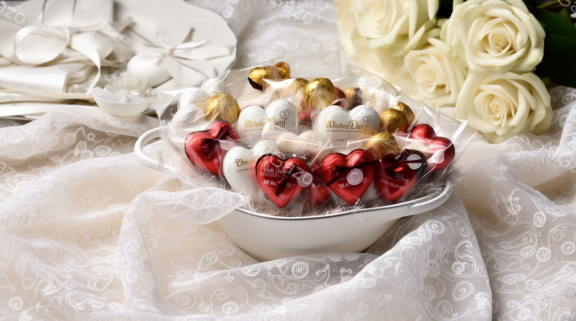 白いレースの布の上に、ハート型のチョコレートがラッピングされたものがたくさん入った白いバスケットが置かれています。背景には、白く美しいバラの花束が見え、全体的にロマンチックで甘い雰囲気を醸し出しています。チョコレートには「White Day」という文字が書かれており、ホワイトデーのプレゼントを連想させます。