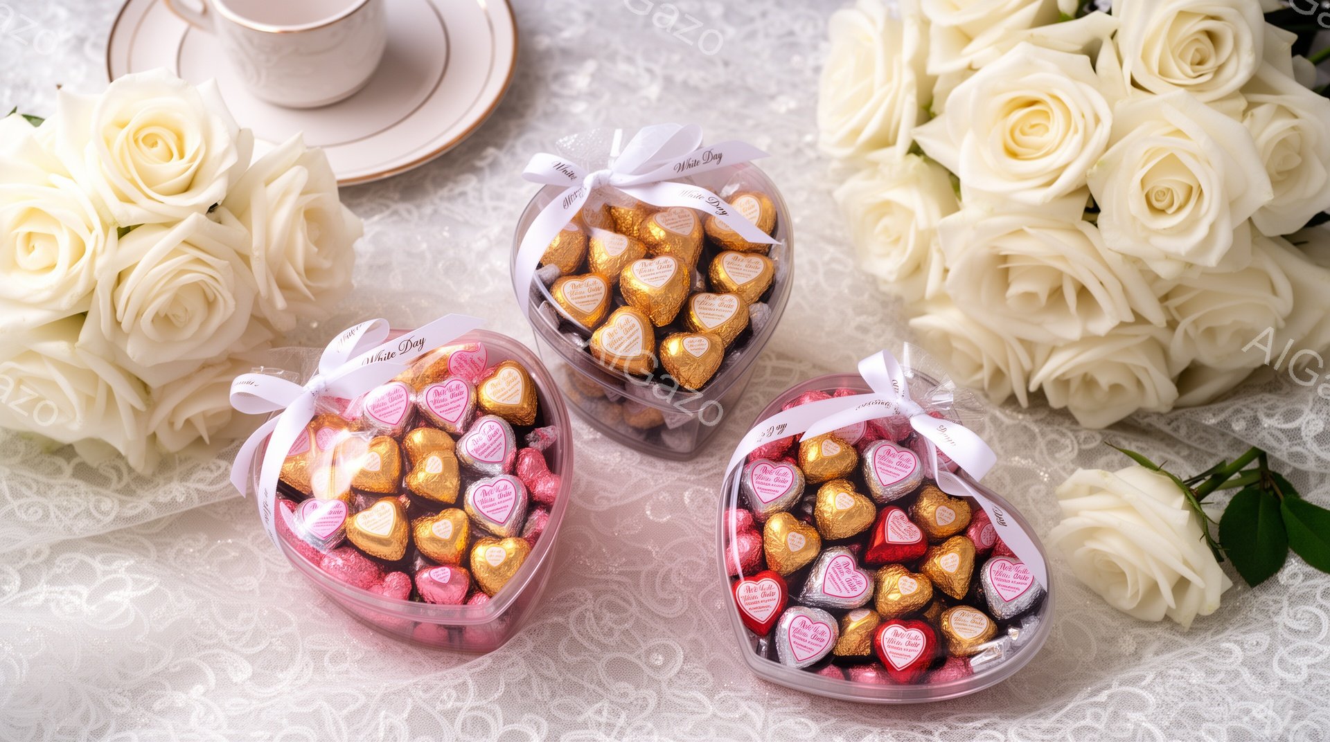 白いバラの花束と、ハート型の透明な箱に入ったチョコレートが写っています。チョコレートの箱には白いリボンが結ばれており、箱の中には様々な色のチョコレートが詰まっています。背景はレース編みのテーブルクロス - AI生成フリー素材