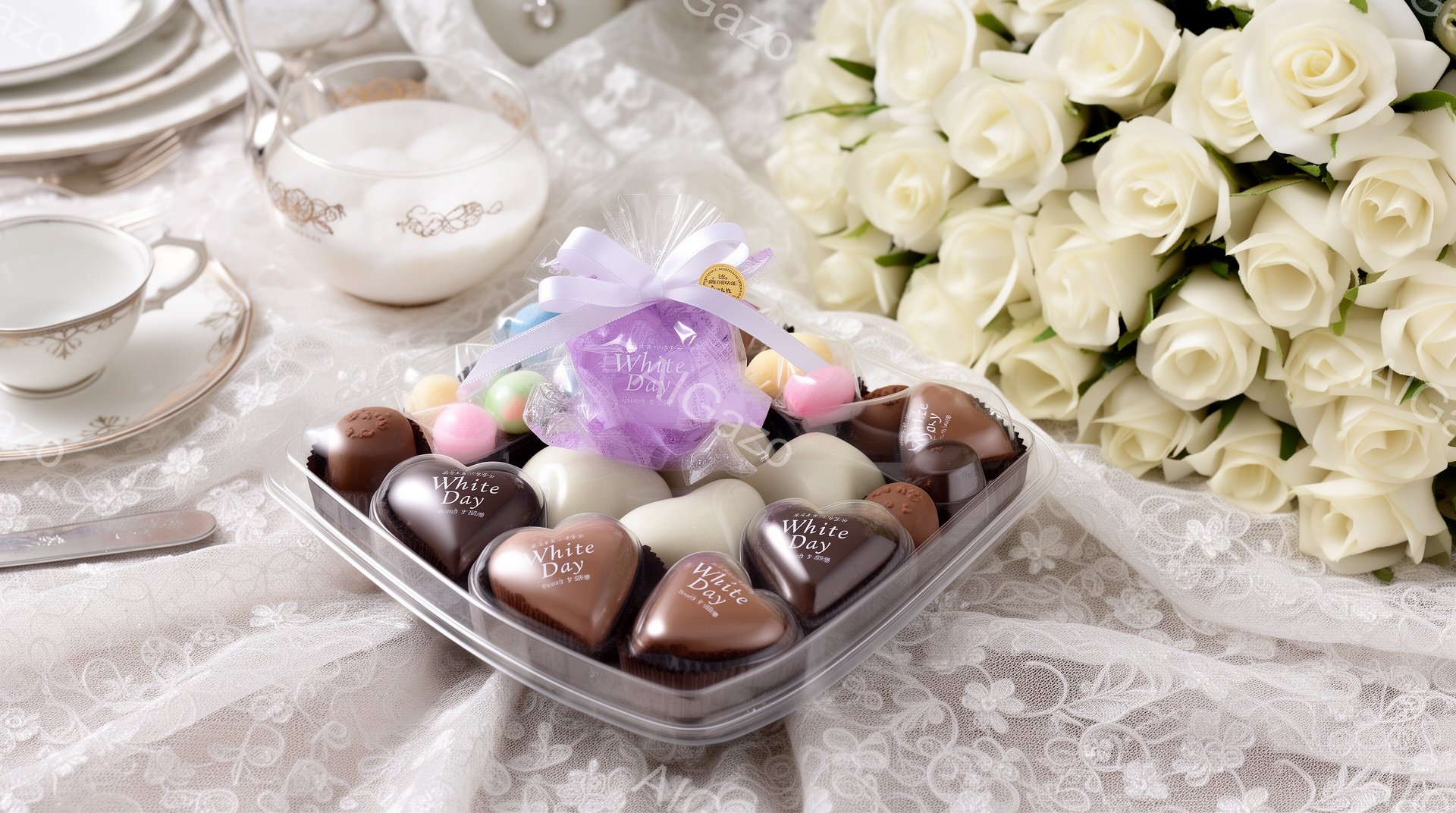 白いレースのテーブルクロスの上に、カラフルなチョコレートが並んだ透明なトレーが置かれています。背景には、白いバラの花束が咲き誇り、左側には上品な模様の描かれたティーカップとソーサーが重ねられています。 - AI生成フリー素材