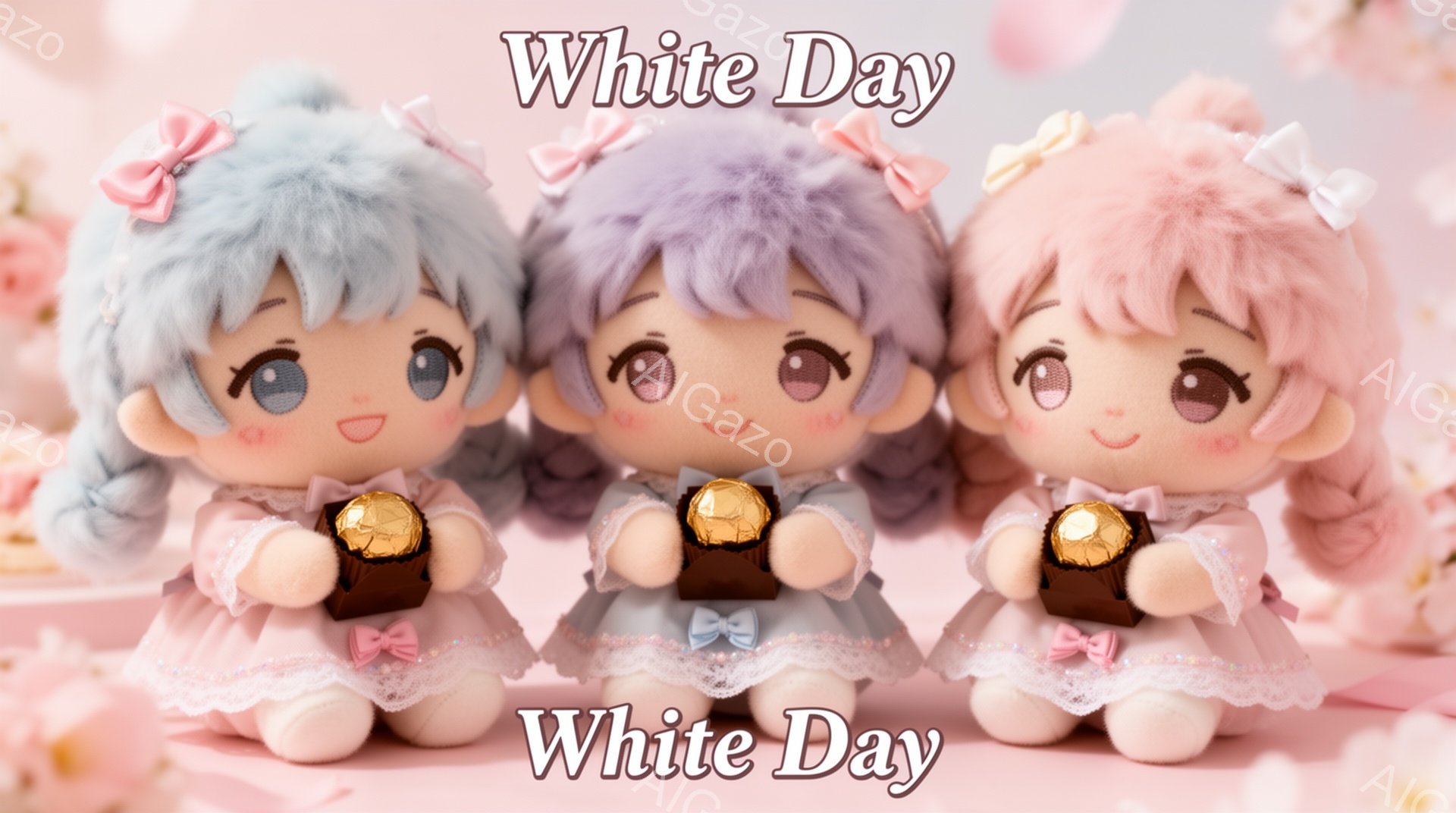 画像には、パステルカラーの髪の毛と大きな目を持つ3体のぬいぐるみがあります。それぞれピンク、紫、水色の髪をしており、白いフリル付きのドレスとリボンをつけています。彼らは小さなチョコレートの箱を持っており、柔らかなピンク色の花を背景に、可愛らしい雰囲気を醸し出しています。