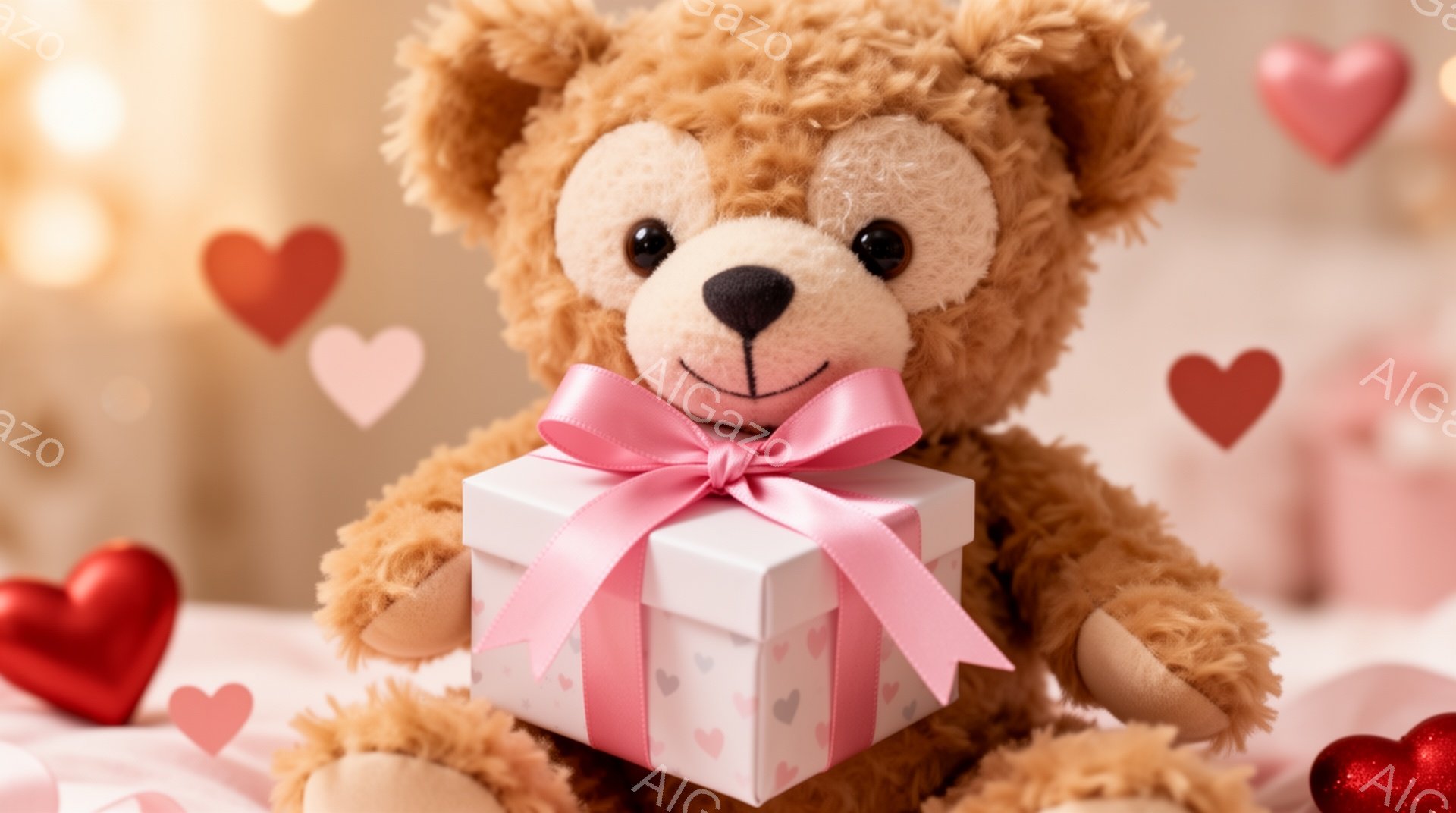 暖かみのある茶色のテディベアが、ピンクのリボンで飾られた白いギフトボックスを抱えています。背景にはぼやけた光と、様々な大きさのハート型の装飾が散りばめられており、ロマンチックで優しい雰囲気を醸し出して - AI生成フリー素材