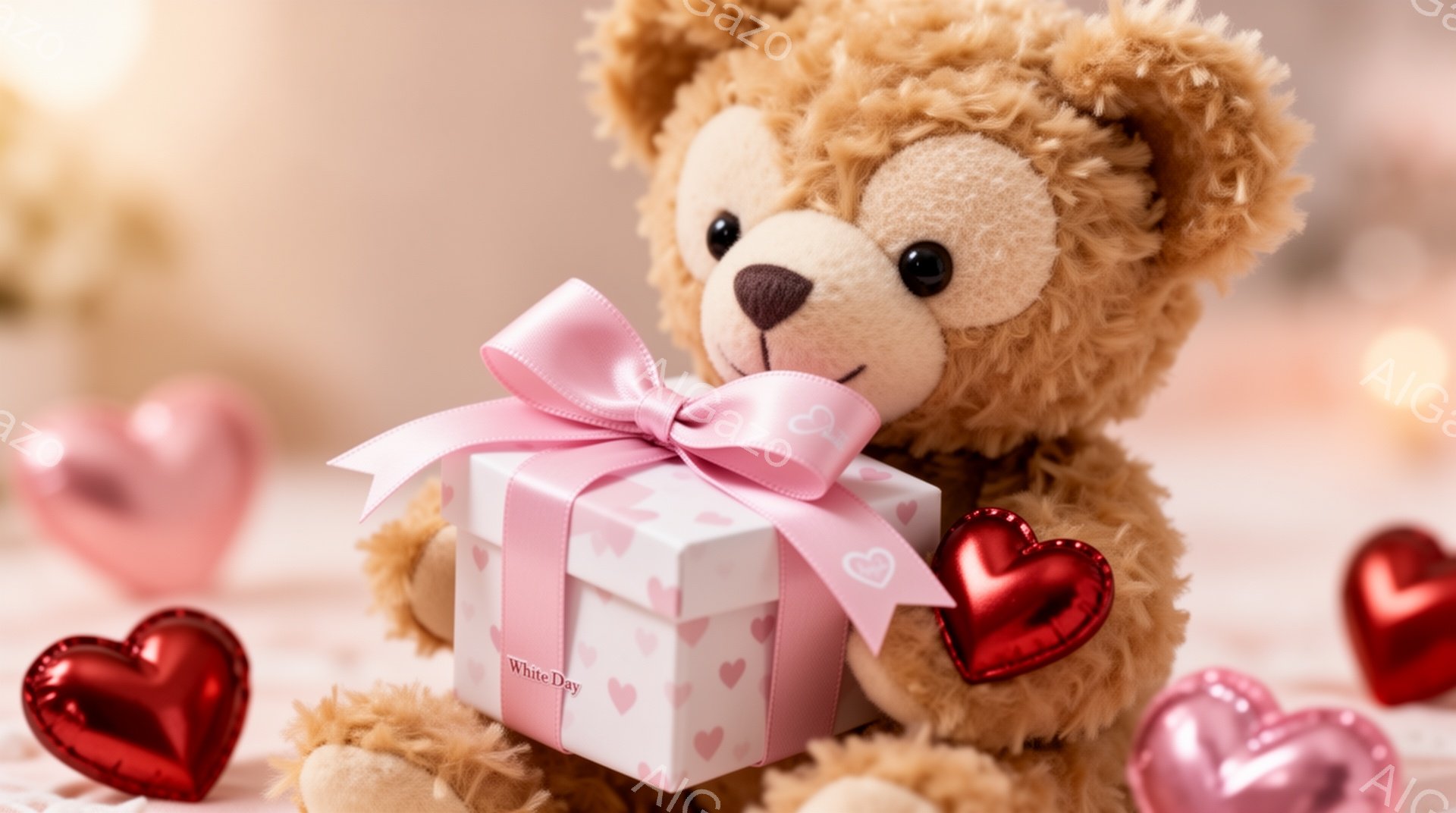 ふわふわの茶色のテディベアが、ピンクのハート柄のリボンと包装紙で飾られた白い箱を抱えています。背景には、さまざまな色合いのチョコレートのハートとぼんやりとした光が散りばめられており、ロマンチックな雰囲 - AI生成フリー素材