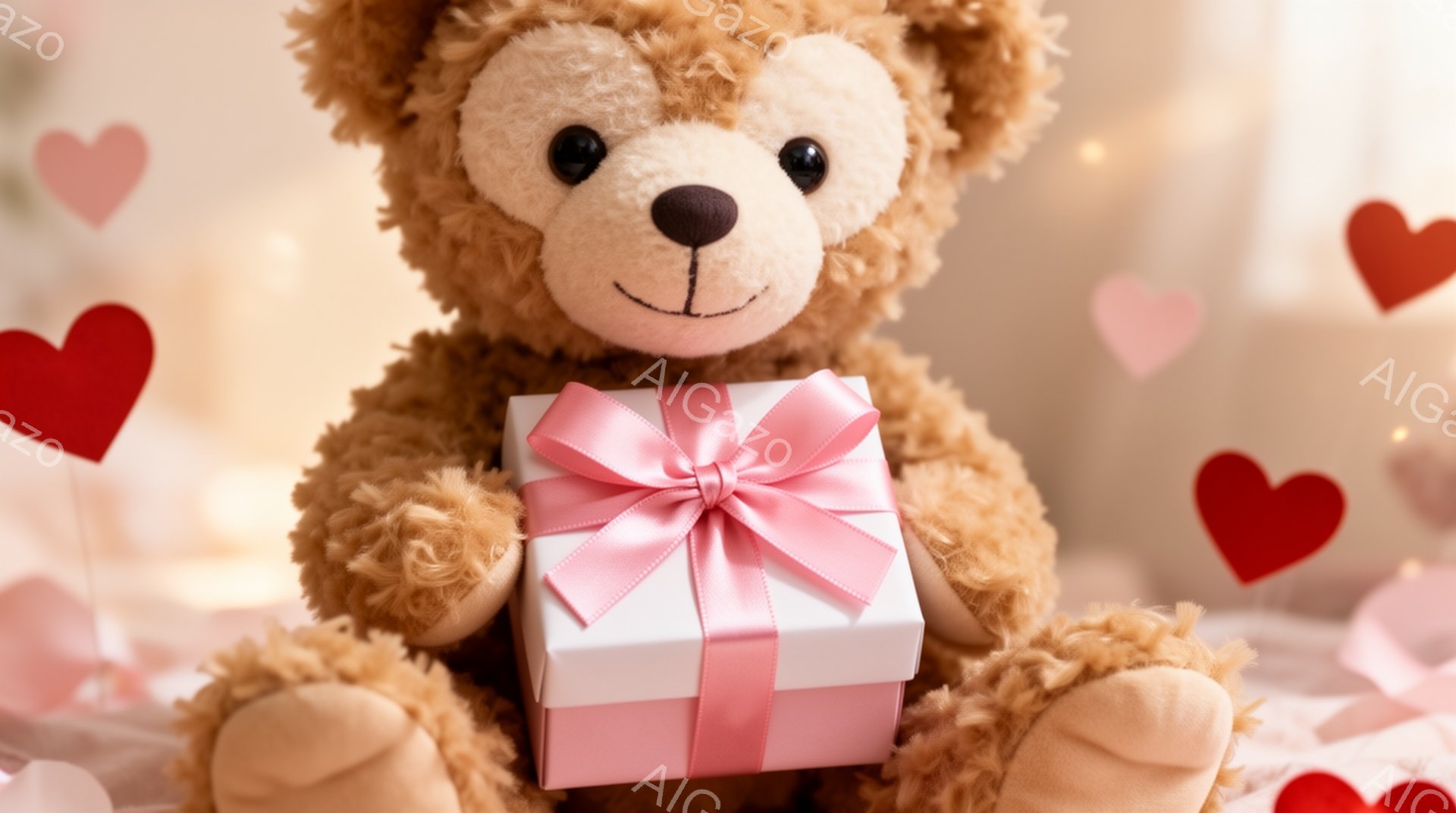 ふわふわの茶色のテディベアが白いプレゼントボックスを抱えています。プレゼントはピンクのリボンで美しくラッピングされており、周りにはハート型の紙吹雪が舞っています。背景はぼかされており、温かくロマンチックな雰囲気が漂っています。