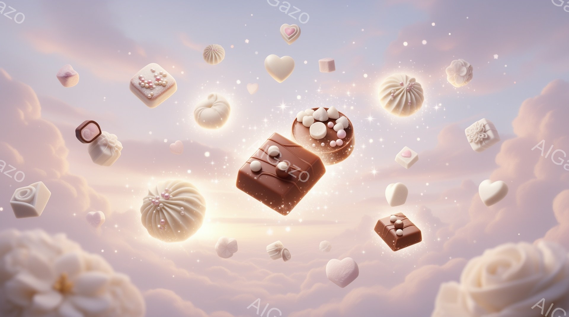 淡いピンクとクリーム色の雲が広がる空に、様々なチョコレート菓子が浮遊している様子が描かれている。チョコレートは、トリュフ、四角いチョコレート、ハート型、そして可愛らしい包装されたものが含まれ、星のような輝きが散りばめられている。全体的に甘く、夢のような、そしてロマンチックな雰囲気が漂っている。