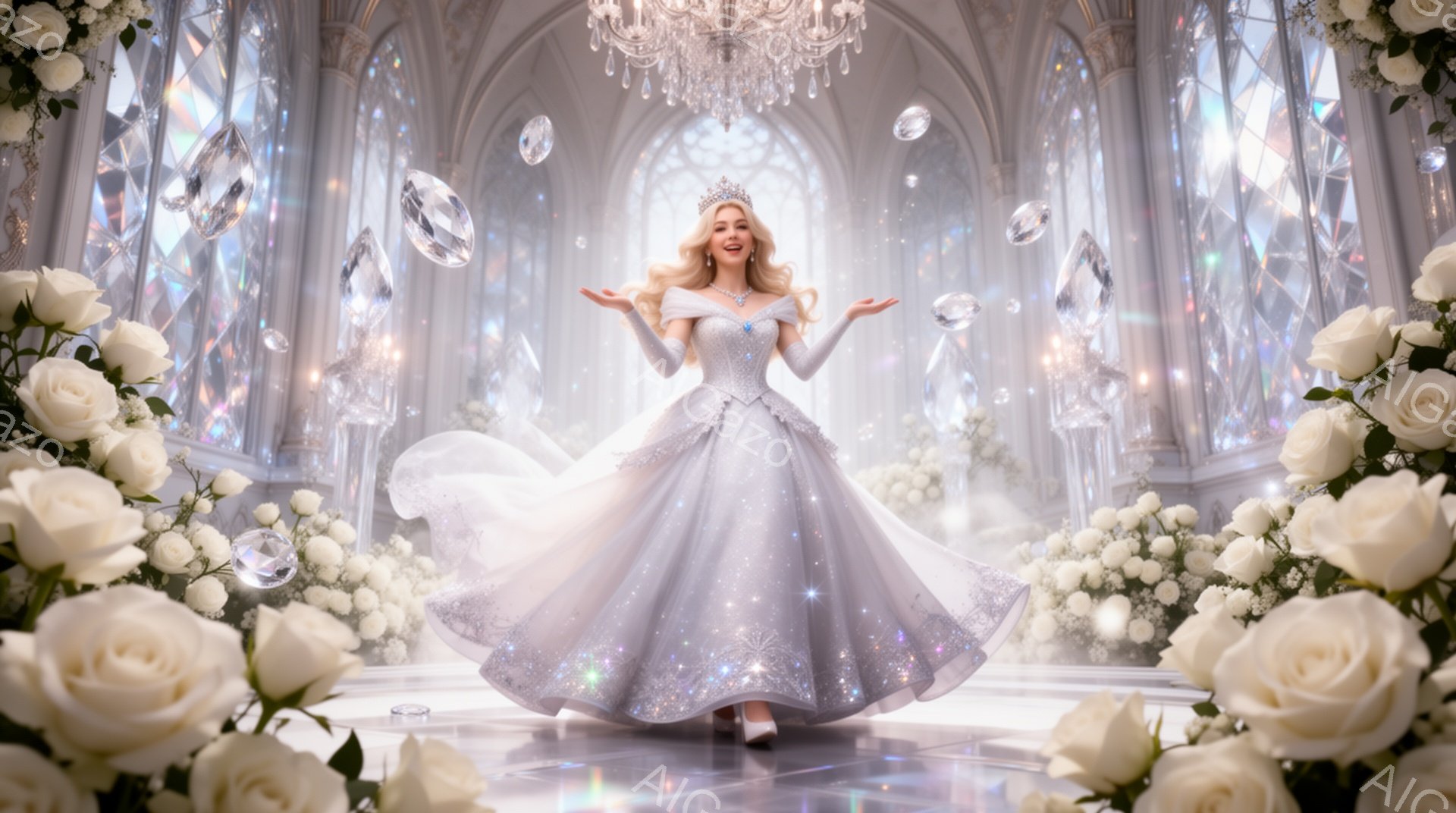 白い豪華なガウンを身に着けた女性が、両手を広げて立っている。彼女は金髪の巻き髪で、頭にはティアラをつけ、幸せそうな表情を浮かべている。背景には高いアーチ状の窓、シャンデリア、そして白バラの装飾があり、 - AI生成フリー素材
