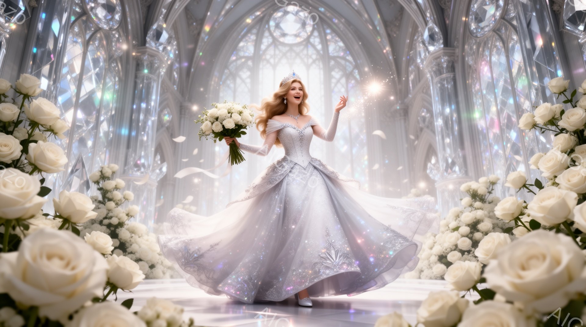 白い豪華なガウンを身につけた女性が、白いバラに囲まれた神聖な空間で微笑んでいます。彼女は片手に白いバラの花束を持ち、もう一方の手を高く上げており、まるで祝福を受けているかのような姿です。背景には、ステンドグラスや尖塔が連なる壮麗な建築物が広がり、光とバラの花びらが舞い散る幻想的な雰囲気が漂っています。