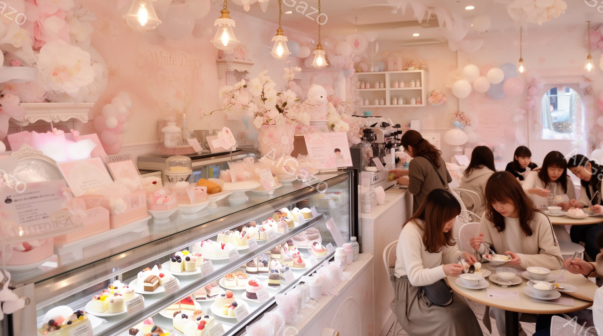 店内は白を基調とした可愛らしい雰囲気で、ショーケースには色とりどりのケーキが並んでいます。客席では、ベージュや白のニットを着た女性たちがテーブルを囲み、優雅にティータイムを楽しんでいます。天井からは、 - AI生成フリー素材