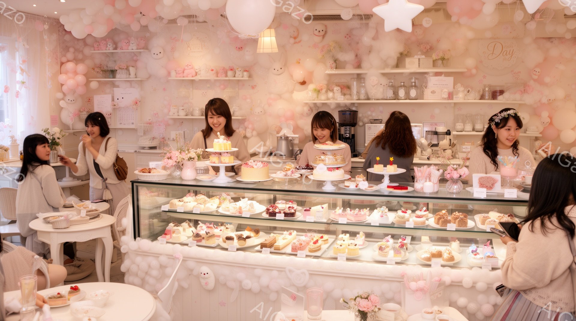 白を基調としたケーキショップで、複数の女性がケーキを選んでいます。女性たちは明るい表情で、カジュアルな服装をしています。背景にはたくさんの白い装飾が施され、ふわふわとした雰囲気で、全体的に可愛らしく優しい印象を与えます。