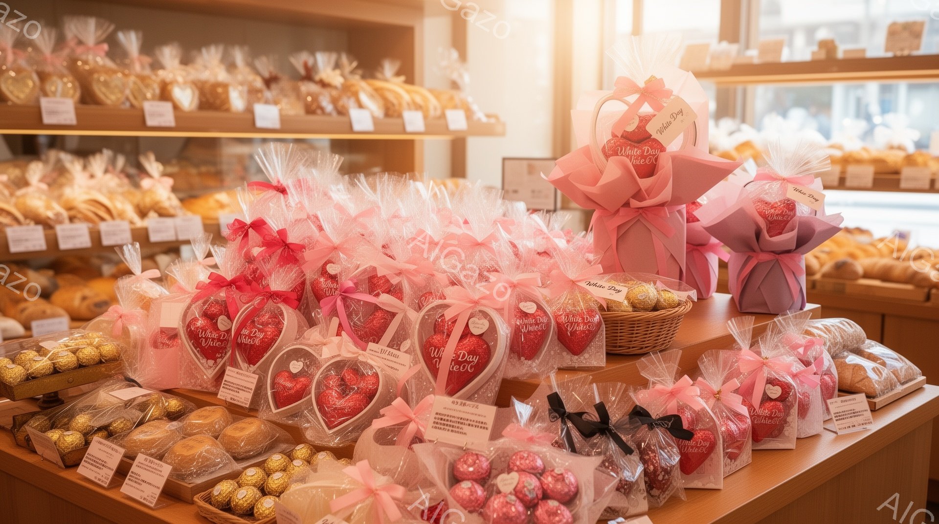 白いデーのチョコレートギフトがずらりと並んでいます。ピンクや赤色のラッピングが可愛らしく、ハート型のチョコレートや様々な種類の焼き菓子が目に留まります。背景にはショーケースがあり、他のスイーツも見え、 - AI生成フリー素材