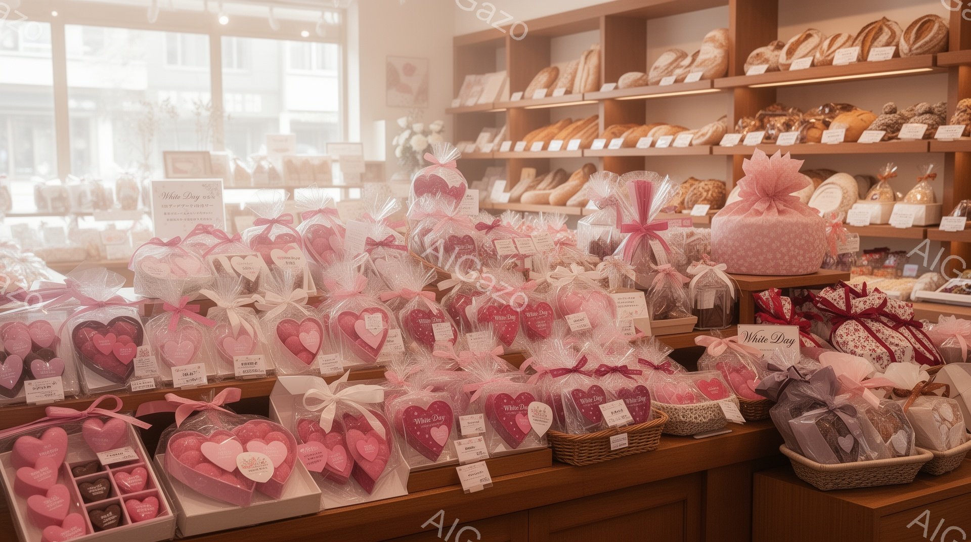白い包装紙で丁寧に包まれた様々なピンク色のハート型のチョコレートがずらりと並んでいます。背景には焼き菓子が並んだ棚が見え、明るく清潔感のある店内であることがわかります。バレンタインデーやホワイトデーの贈り物として、華やかで可愛らしい雰囲気が漂っています。