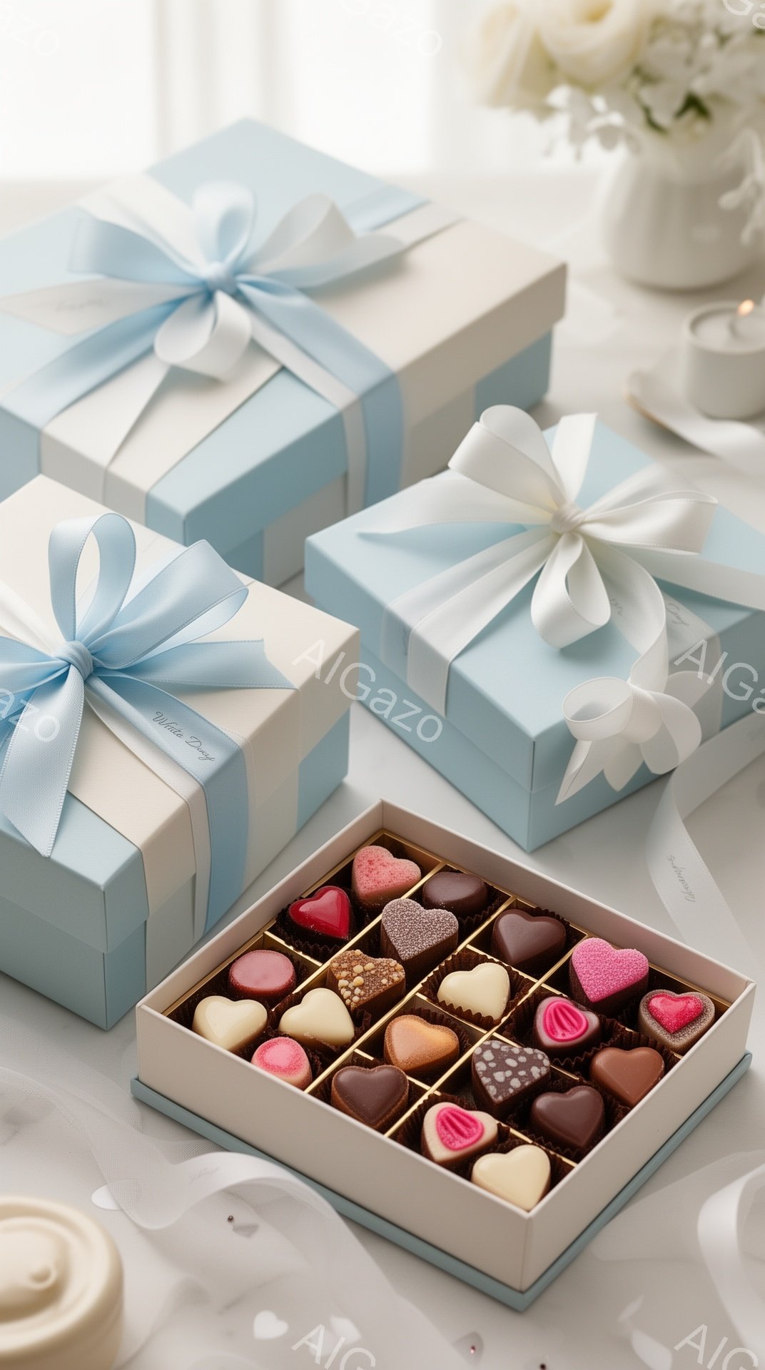 明るい青色の包装紙で丁寧にラッピングされたチョコレートの箱が三つ、そして開いたチョコレートの箱が写っています。チョコレートは様々な色と形をしており、特にハート型のものが目立ちます。背景は淡い色のテーブルクロスで、白い花やキャンドルがぼんやりと見え、ロマンチックで上品な雰囲気を醸し出しています。
