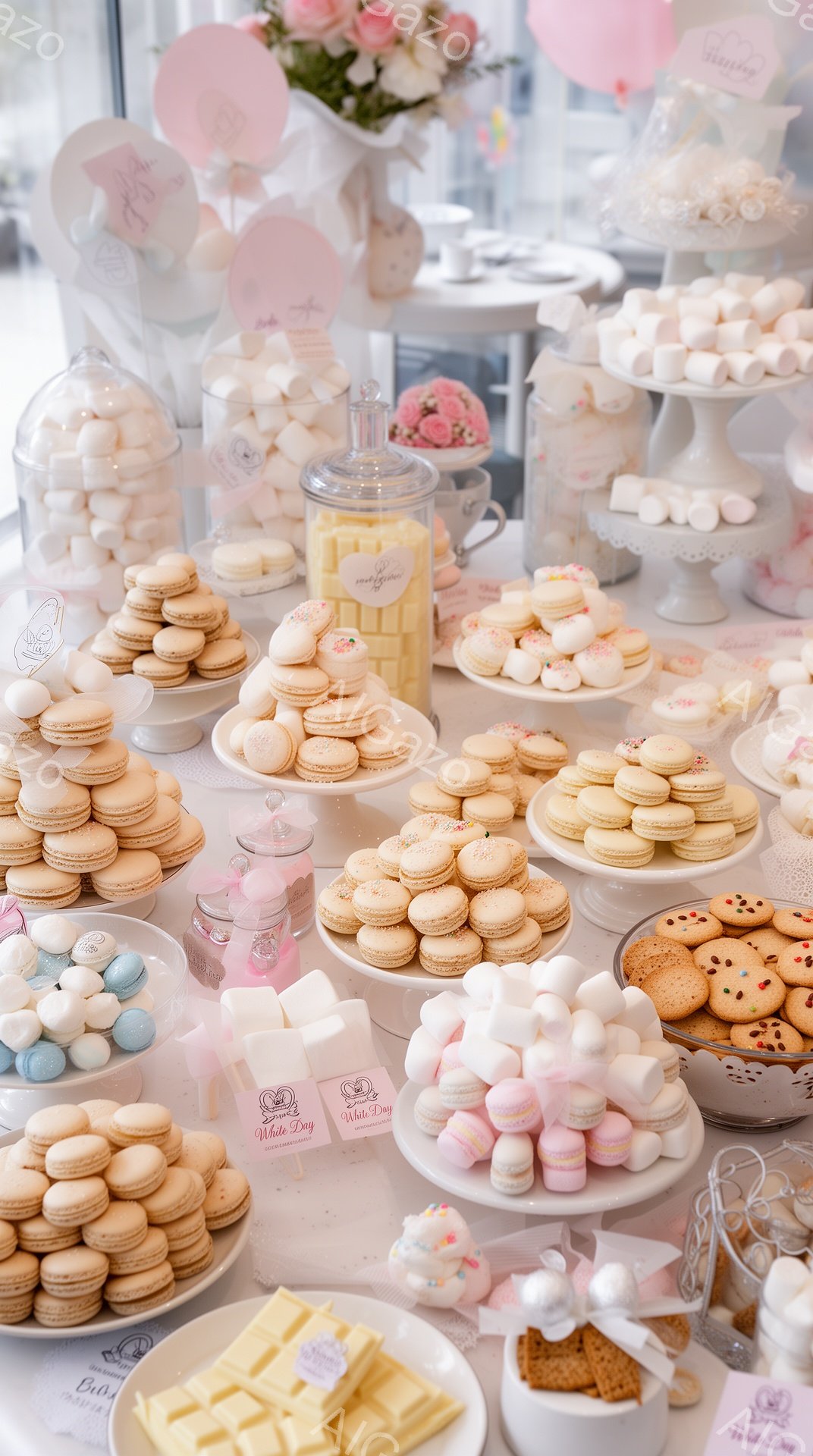 鮮やかなマカロン、クッキー、マシュマロがテーブル上に広がり、まるで夢のような光景です。パステルカラーのキャンディが詰まったガラス瓶や、繊細なデコレーションが施されたお菓子が、甘くて幸せな雰囲気を醸し出しています。全体的に柔らかい光が差し込み、お菓子の色合いをより一層引き立てています。