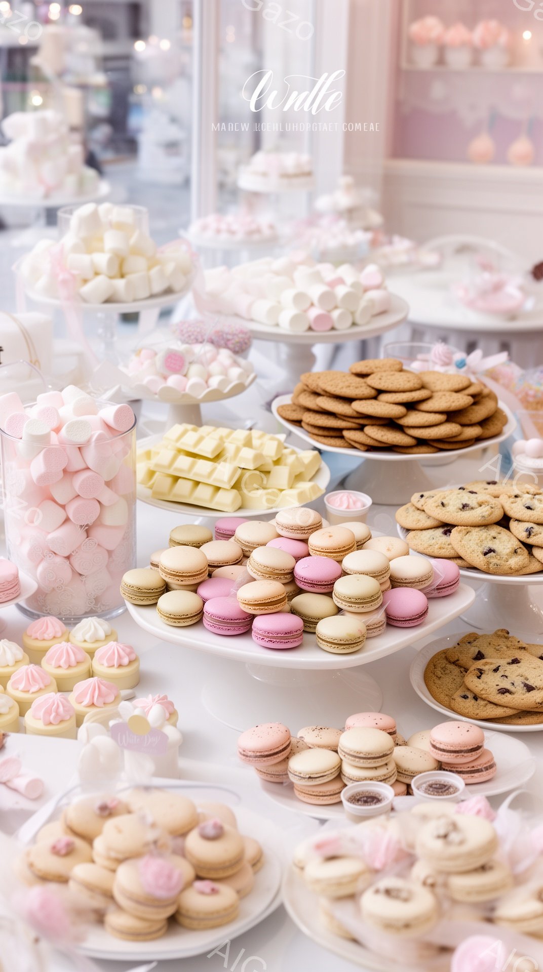 白を基調としたテーブルの上に、マカロン、クッキー、マシュマロなどの様々な焼き菓子やスイーツが美しく並べられています。淡いピンクやクリーム色を基調とした色彩は、優雅で可愛らしい雰囲気を醸し出しており、まるで夢のような空間です。まるでパーティーや特別な日を祝うための、甘くて幸せな光景が広がっています。