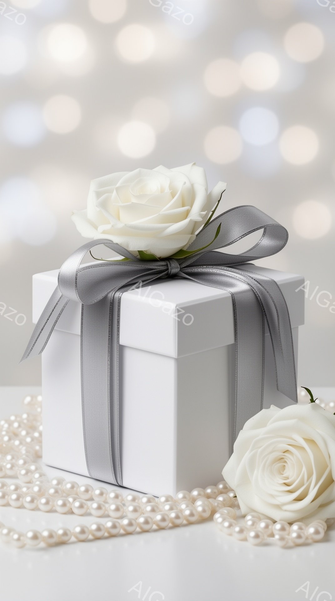 白いギフトボックスが、グレーのリボンと白いバラで飾られています。ボックスの周りには、パールのネックレスが散りばめられ、背景はぼやけた光で満たされています。全体的に優雅でロマンチックな雰囲気が漂っていま - AI生成フリー素材