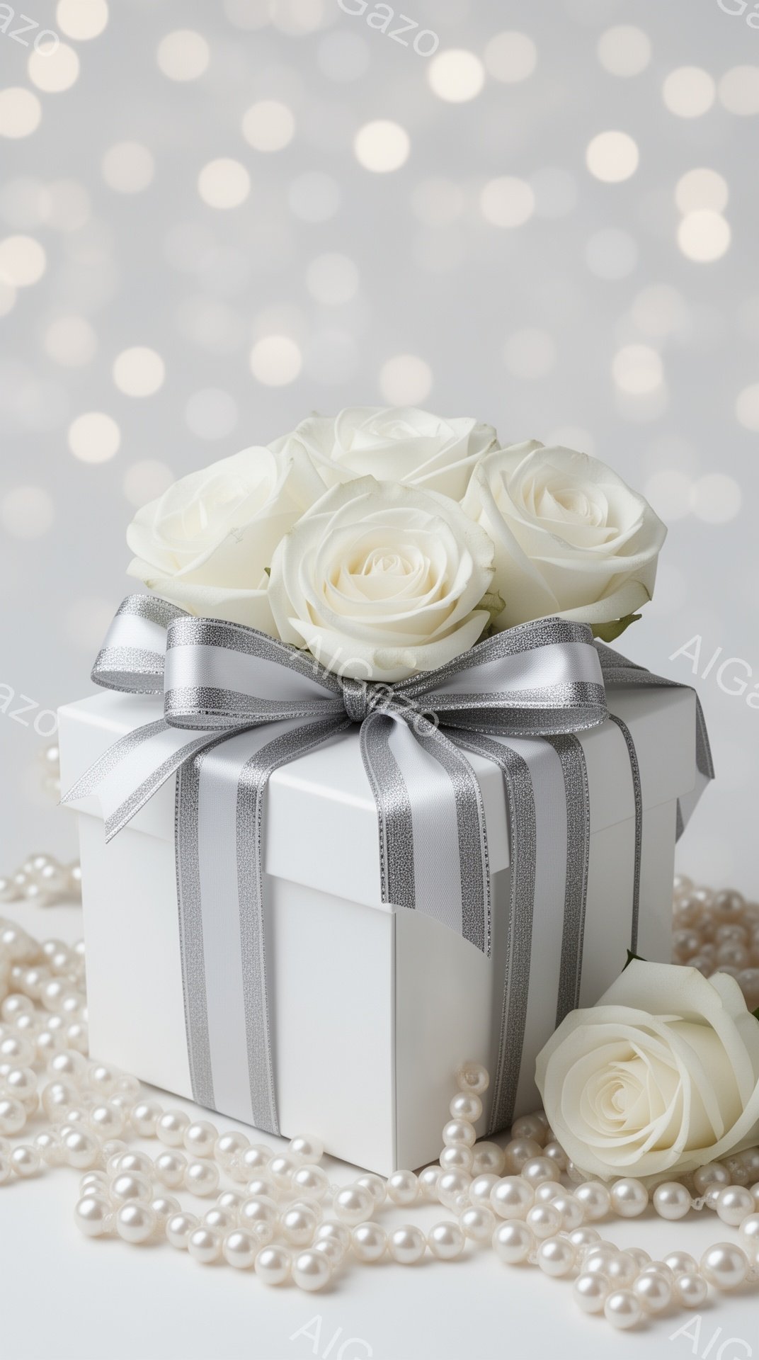 白いギフトボックスが、白いバラと銀色のリボンで飾られています。ボックスの周りには、真珠のネックレスが散りばめられており、背景はぼやけた光の点々で満たされています。全体的に、上品で優雅な雰囲気を醸し出し - AI生成フリー素材