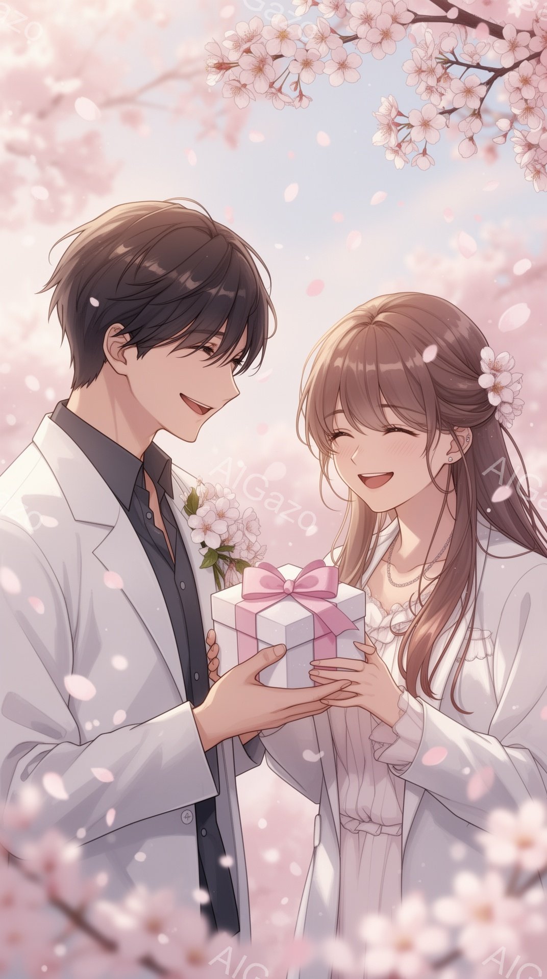 若い男性が女性にプレゼントを渡しています。男性は白いシャツに黒いズボン姿で、優しく微笑んでいます。女性は白いレースのドレスを着て、髪をほどいており、満面の笑みを浮かべてプレゼントを受け取っています。背 - AI生成フリー素材