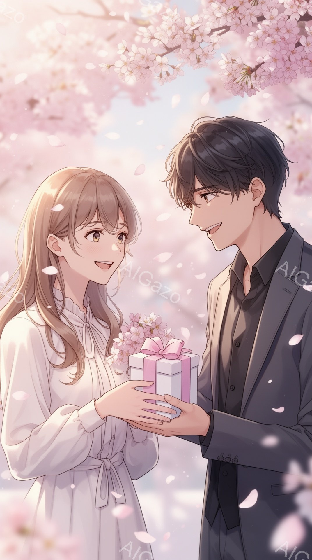 明るい笑顔を浮かべた若い女性が、ピンク色の花束と白いギフトボックスを男性に差し出しています。女性は肩までの長さの茶髪で、白いブラウスとスカートを着用し、男性は黒いスーツを着ています。背景には桜の花びら - AI生成フリー素材